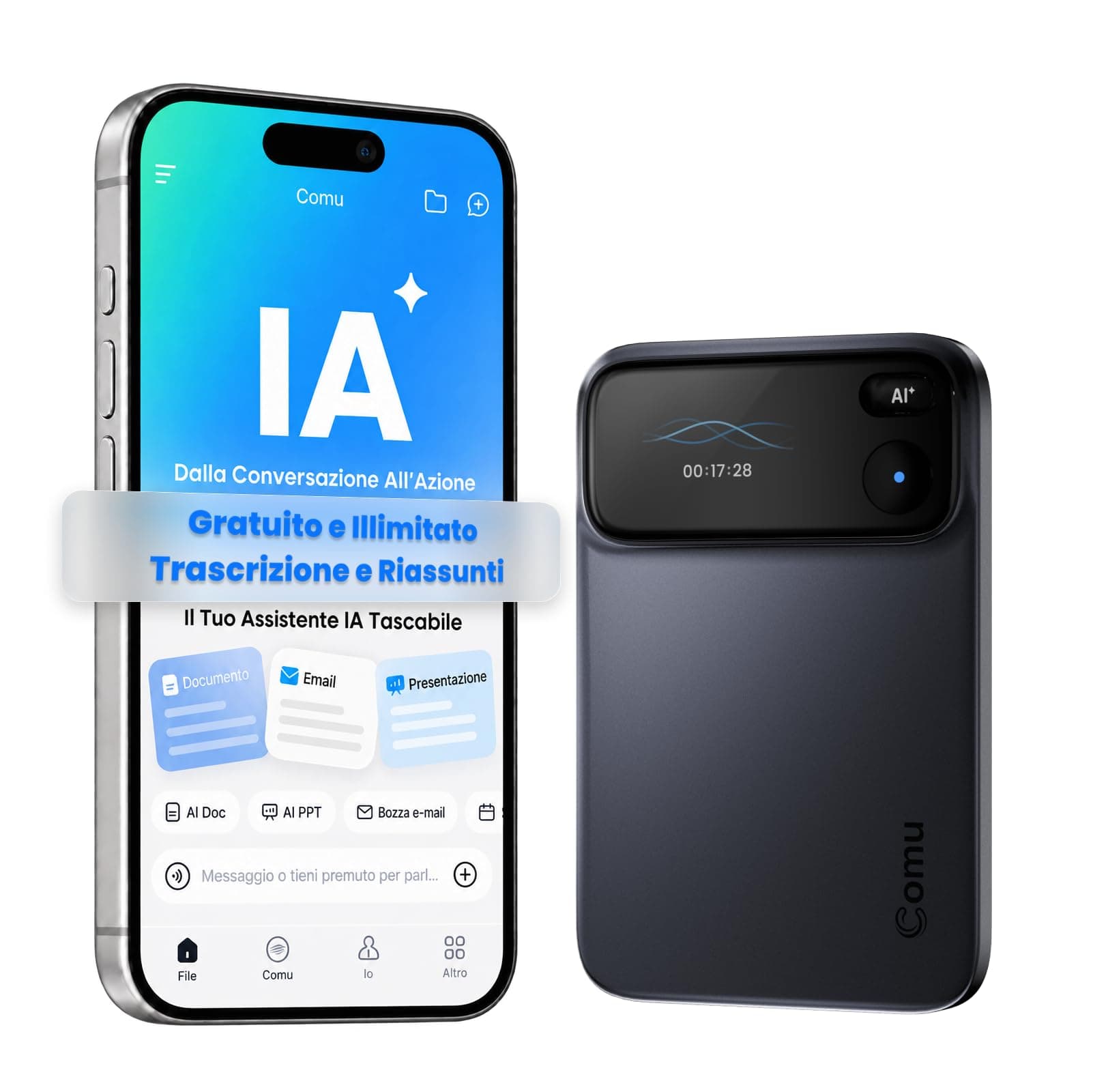 Comu Action Pro Registratore Vocale AI, Assistente Intelligente per Note | Per Professionisti e Team, Trascrizione in Tempo Reale, Verbali di Riunione, Presentazioni, Piani d'Azione e Chat AI+