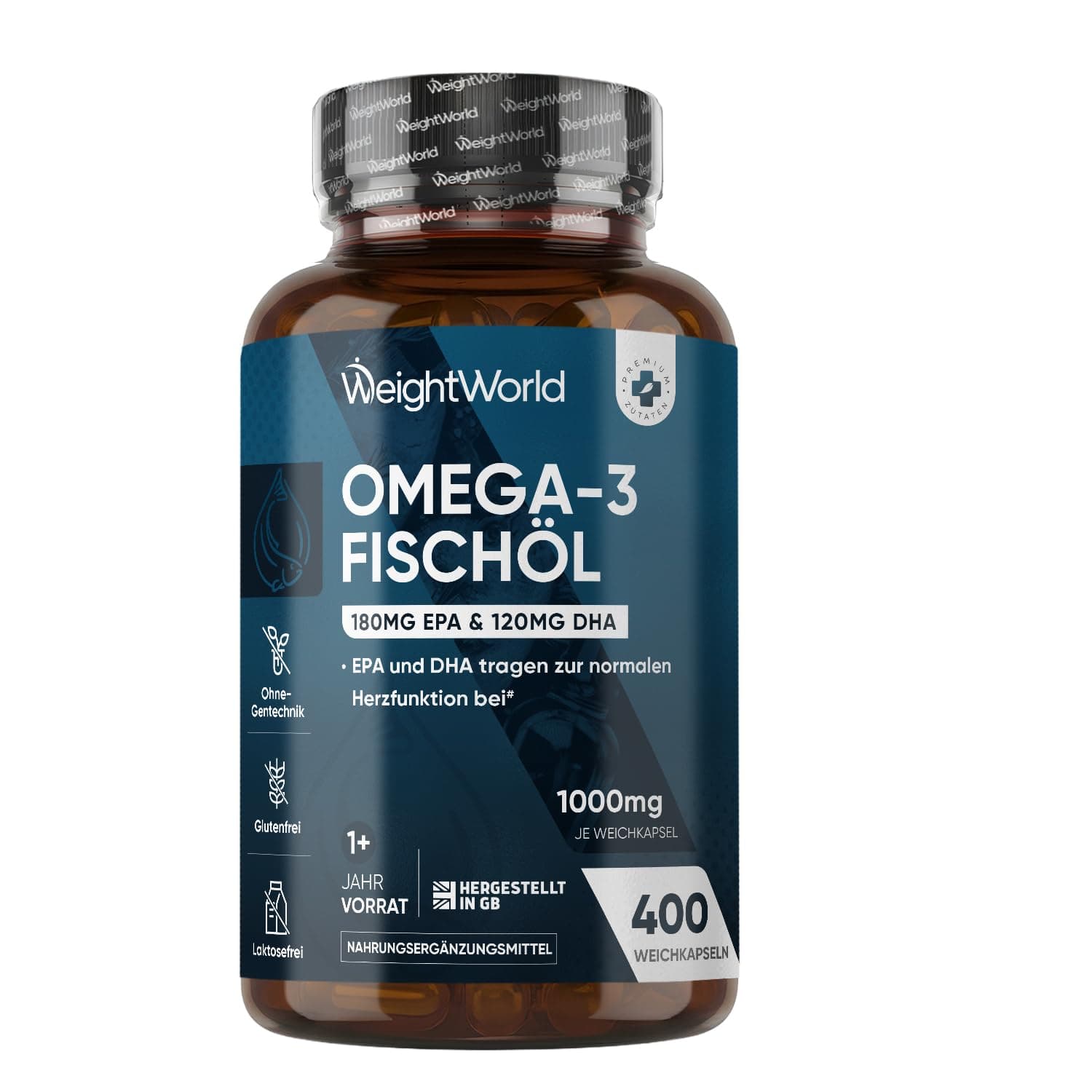 Omega 3 Öl Kapseln - 400 Weichkapseln - 1+ Jahr Vorrat - 1000mg Fischöl pro WeichKapsel - Essentielle Omega 3 Fettsäuren mit EPA 180 mg & DHA 120mg - Fisch öl Softgels - Glutenfrei - WeightWorld