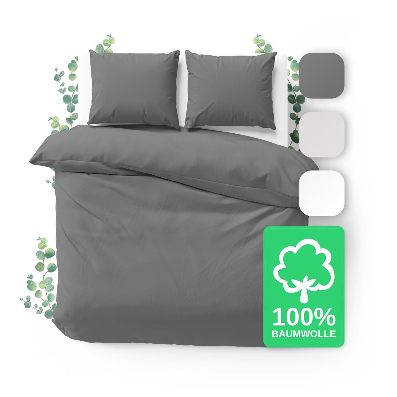 JACOBSON Bettwäsche 100% Baumwolle (240x220cm, Anthrazit, 3-teilig) | Set: 1 Bettbezug + 2 Kissenbezüge 80 x 80 cm