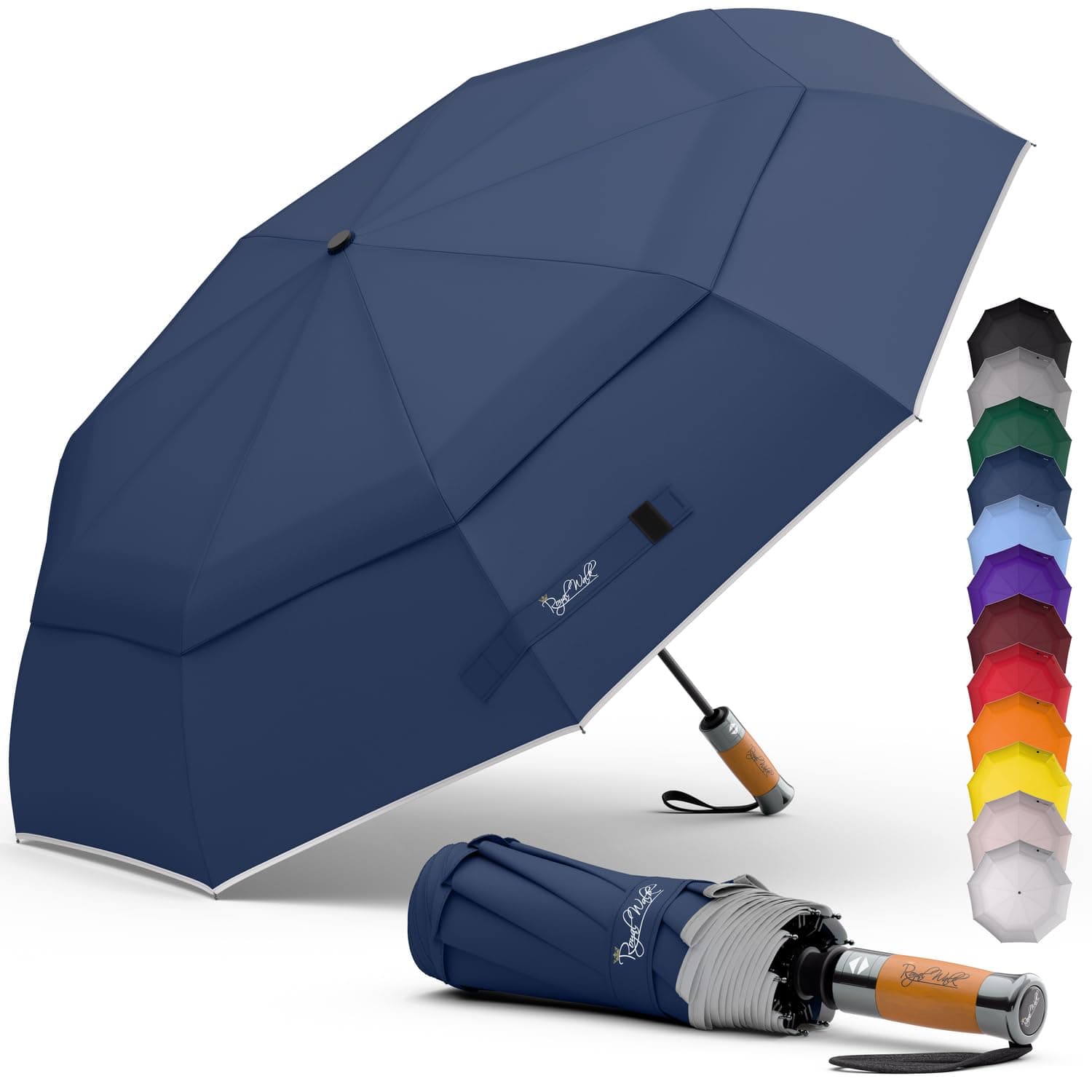 Royal Walk Parapluie de poche, résistant aux tempêtes, automatique, coupe-vent, double toit, petit et stable, réfléchissant, avec poignée en bois véritable de luxe, pour homme et femme, bleu foncé, L,