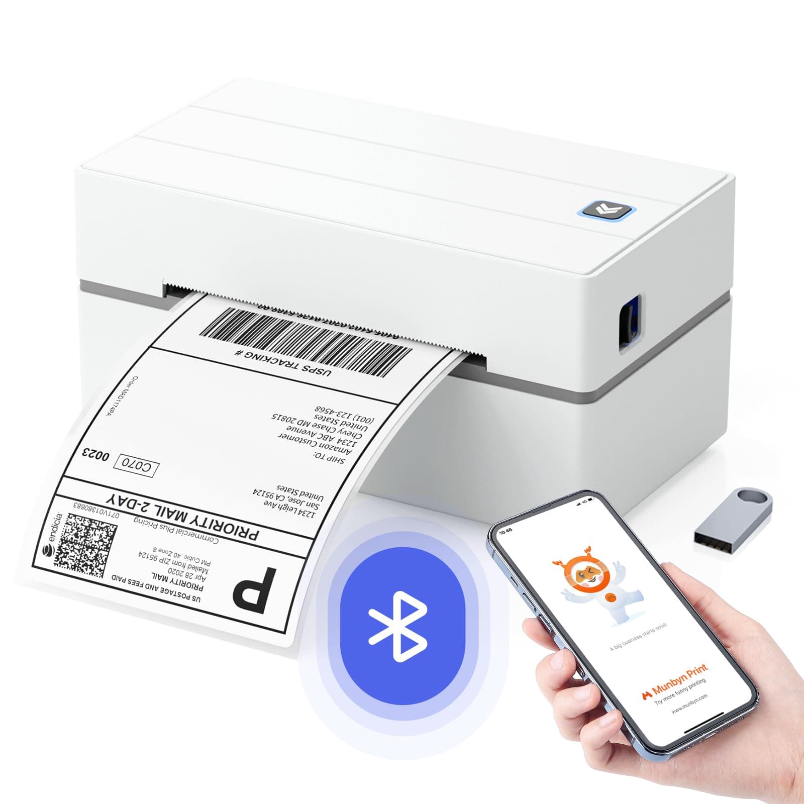 MUNBYN Imprimante Thermique, Imprimante d'étiquettes d'expédition Bluetooth sans Fil 4x6 pour Colis et Petites Entreprises à Domicile, Compatible avec DHL, UPS, Colissimo, Shopify, Vinted,Leboncoin