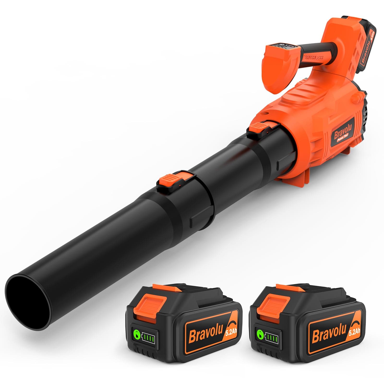 Soplador de Hojas, Bravolu Soplador con 2 Baterías de 5200 mAh y Cargador, Potente Motor sin escobillas, Velocidad del Aire MAX 305 km/h, 5 Velocidades Soplador de Hojas Eléctrico con Modo Turbo