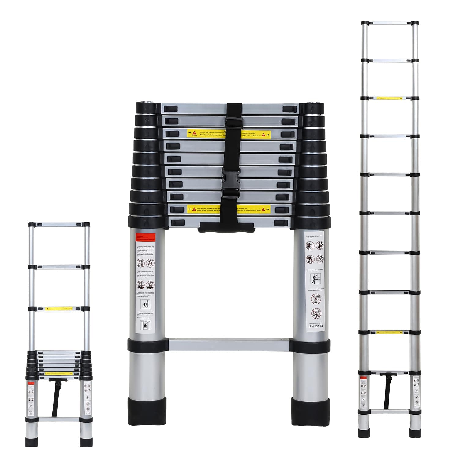 Tubiaz - Scala telescopica in alluminio, blocco di sicurezza su più gradini, allungabile, antiscivolo, multiuso, carico massimo 150 kg, 3,2 m