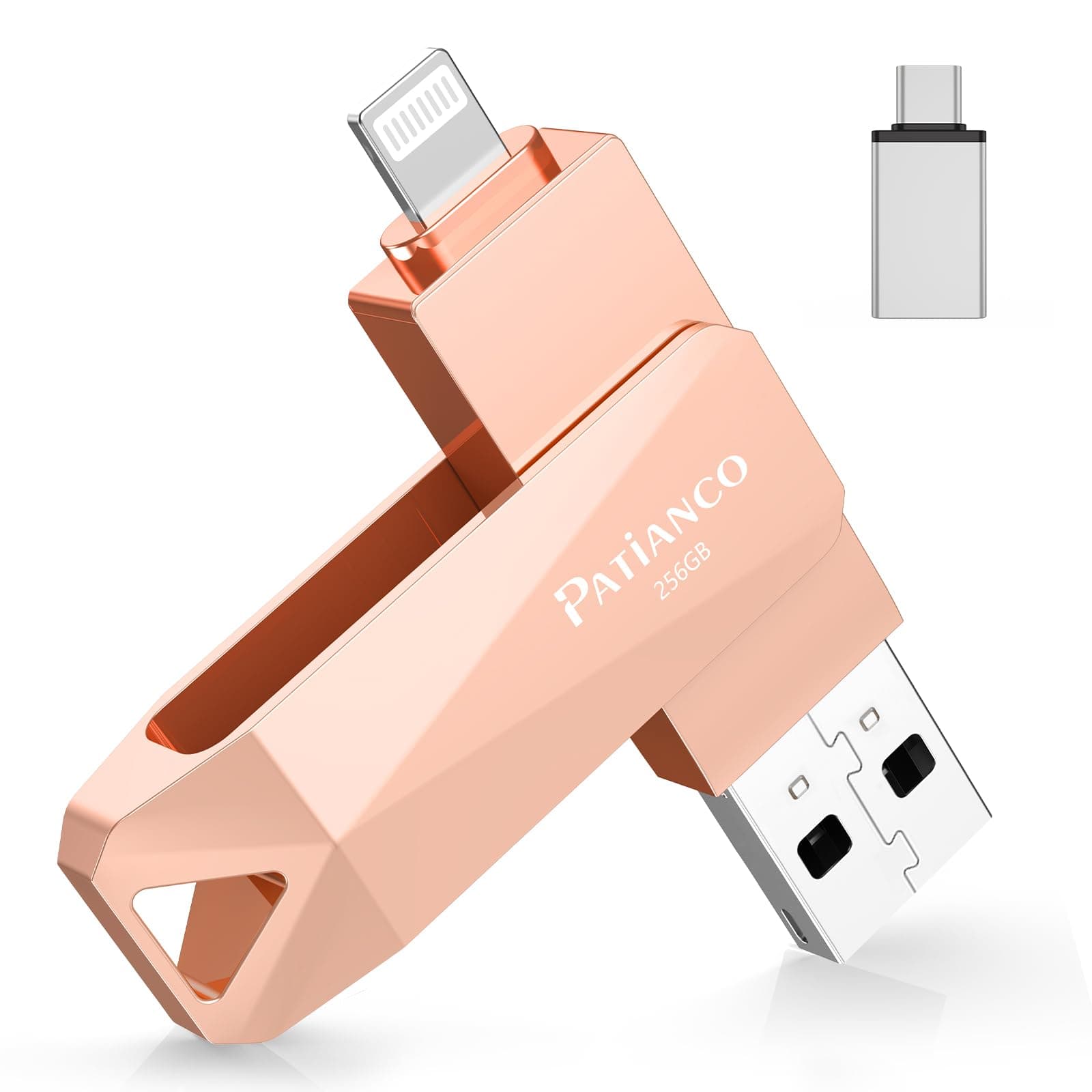 Chiavetta USB per iPhone, [MFi Certified] Patianco Pendrive per Lightning 256GB USB 3.0 Chiave USB C Memoria Stick 3 in 1 Backup Rapido con un Clic per OTG Android/Mac/PC/TypeC-iPhone/iPad(256G,Rosa)
