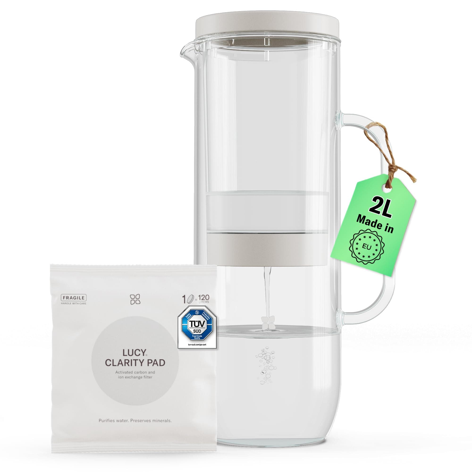 LUCY Carafe Filtrante 2L en Verre – Carafe d'Eau Filtrante avec Filtre à Eau au Charbon Actif – Purifie l'Eau du Robinet (Calcaire, Chlore, Plomb) – Préserve les Minéraux – 1 Filtre Inclus – Sans BPA