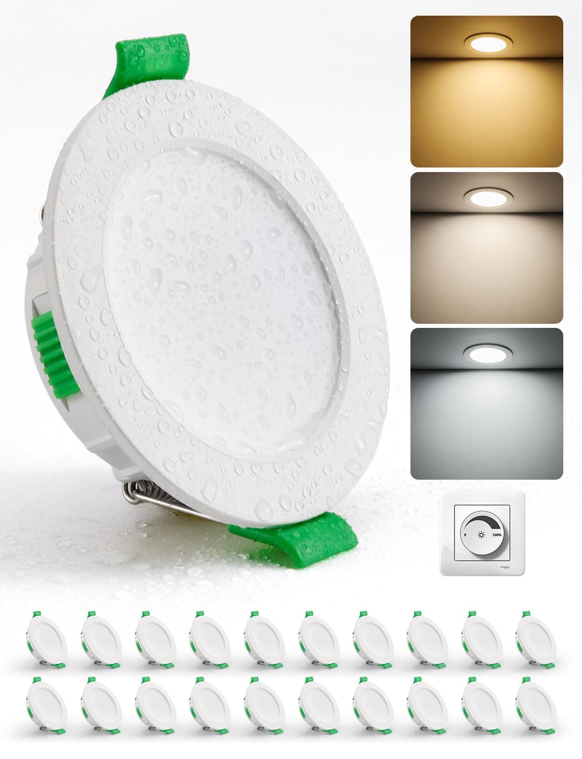 HOMEOW Spot LED Encastrable Dimmable 55mm - 68mm Trou, 4W Salle de Bain Spots de Plafond Extra Plat, Blanc Chaud 2700K Neutre 4000K Froid 6000K Reglable, IP44 Etanche, Lot de 20