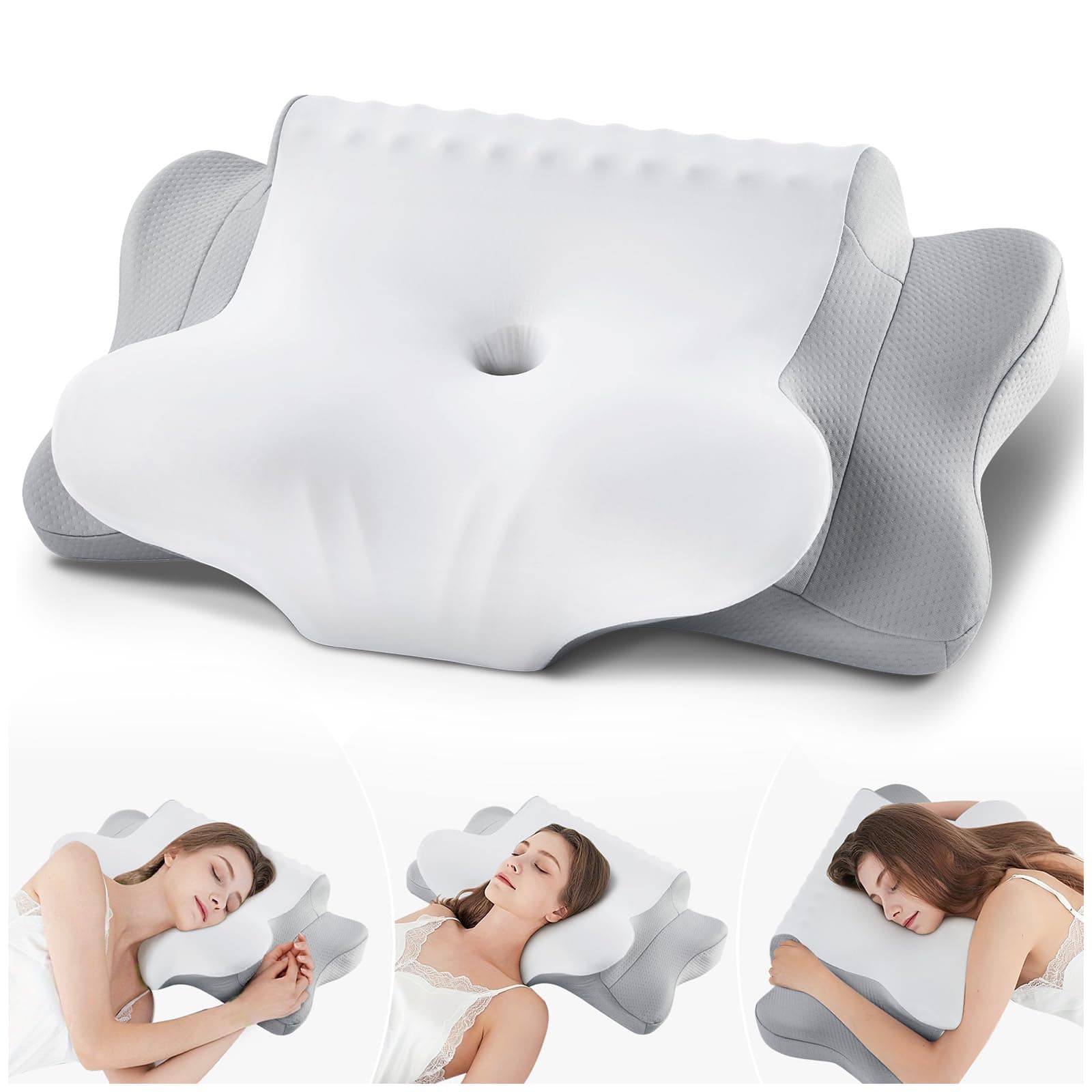 Oreiller Ergonomique Cervical, Coussin Memoire Forme adapté aux Personnes Dormant sur Le Côté, Le Dos et Le Ventre, Oreiller Cervical avec Taie d'oreiller, 64x39x10/13 cm, Gris Blanc