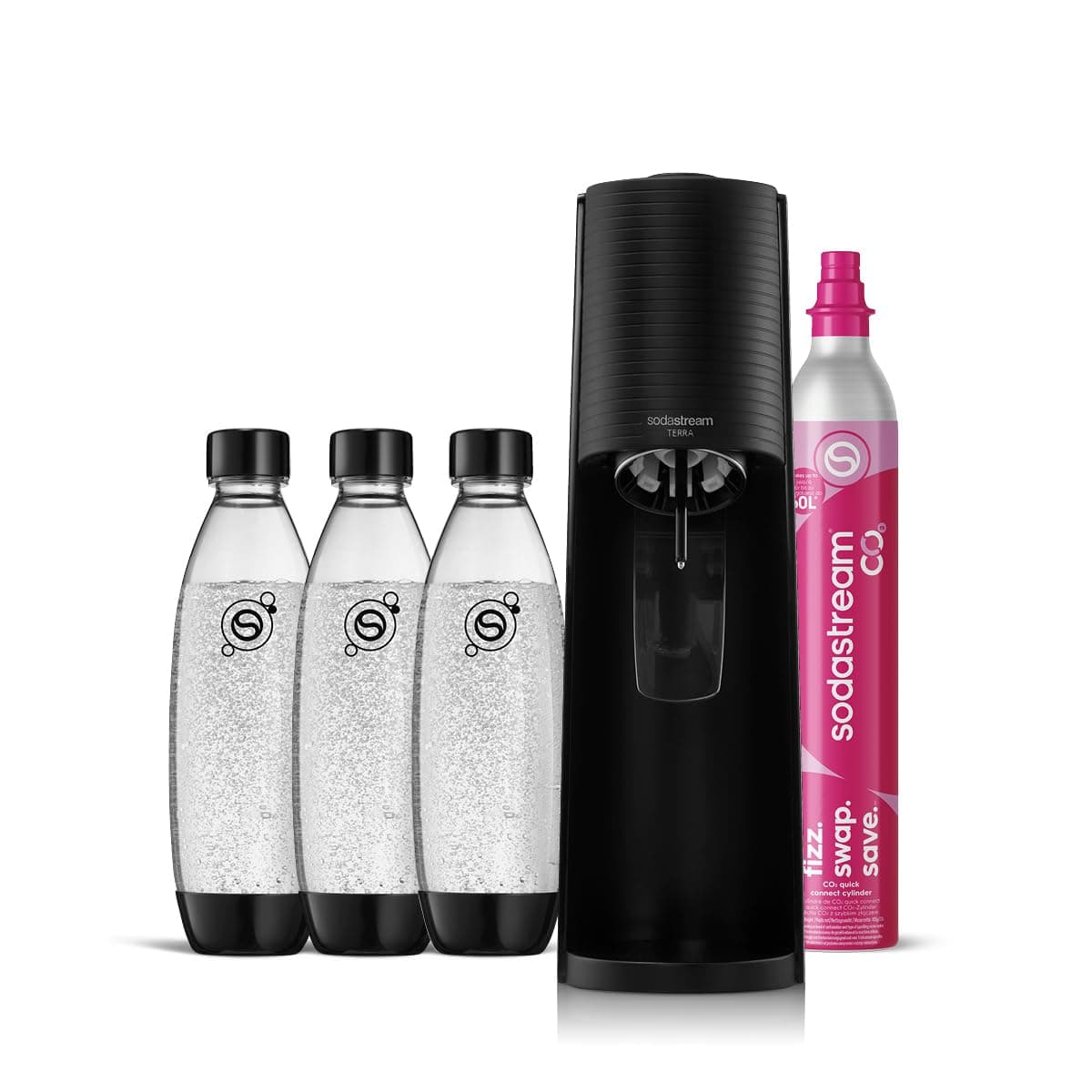 SodaStream Wassersprudler TERRA Promopack mit Quick-Connect CO2-Zylinder | inkl. 3x 1L FUSE Kunststoffflasche (spülmaschinengeeignet) | Farbe: Schwarz