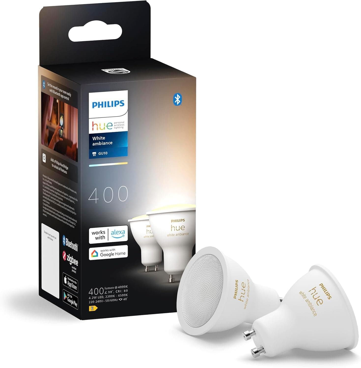 Philips Hue - Bombilla LED Inteligente, GU10, Luz Blanca de Cálida a Fría, 4.2W 400 lúmens, Compatible con Alexa y Google Home - Pack de 2 Bombillas LED inteligentes