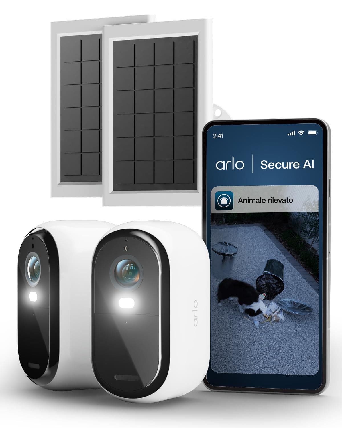 Arlo Essential 3 HD + 2 pannelli solari, videocamera WiFi esterna, batteria 6 mesi, visione notturna, audio bidirezionale, 2 camere bianche