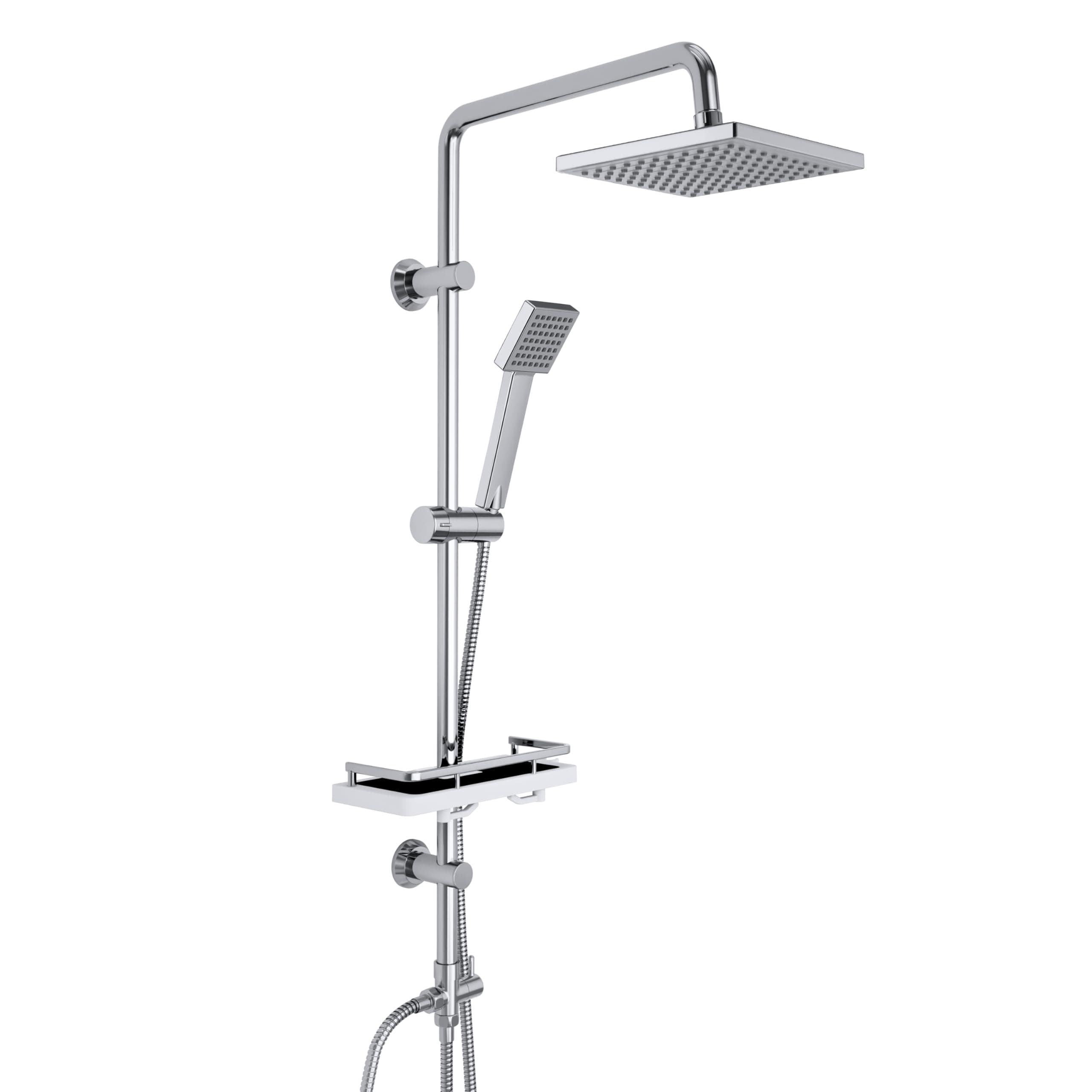 Görbach Colonna Doccia Acciaio Inox senza Miscelatore, Colonna Doccia idromassaggio con Asta Doccia Regolabili e Mensola, Set Doccia a Pioggia con Soffione ABS 20×20 cm Cromo