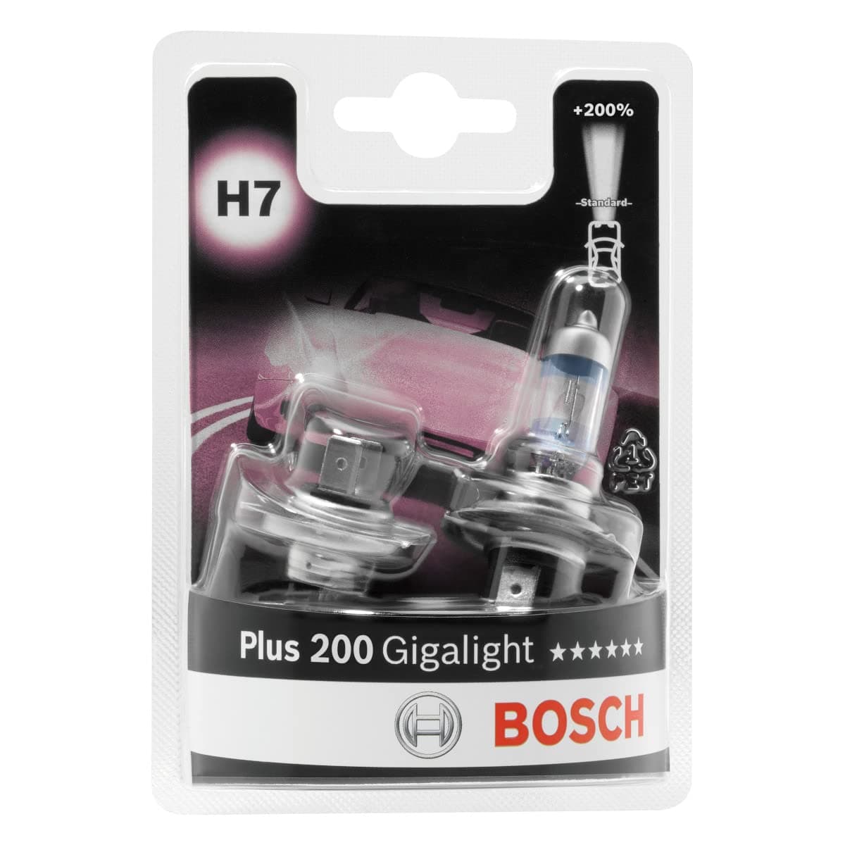 Bosch H7 Plus 200 Gigalight Halogen-Glühlampe für Auto-Scheinwerfer, 12 V 55 W, 200% mehr Licht - Lampensockel Typ PX26d - 2er-Pack Ersatz-Scheinwerferlampen