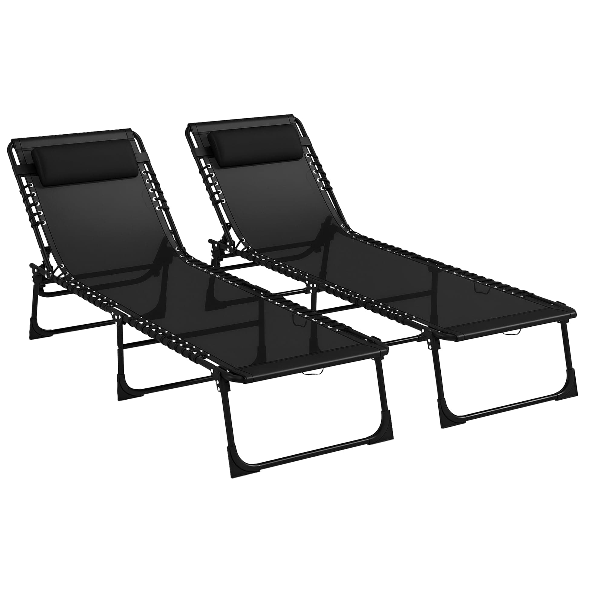 Outsunny Lot de 2 Bain de Soleil transat Pliable Dossier inclinable Multi-Positions Acier thermoplastique Lacets élastiques Noir textilène Noir