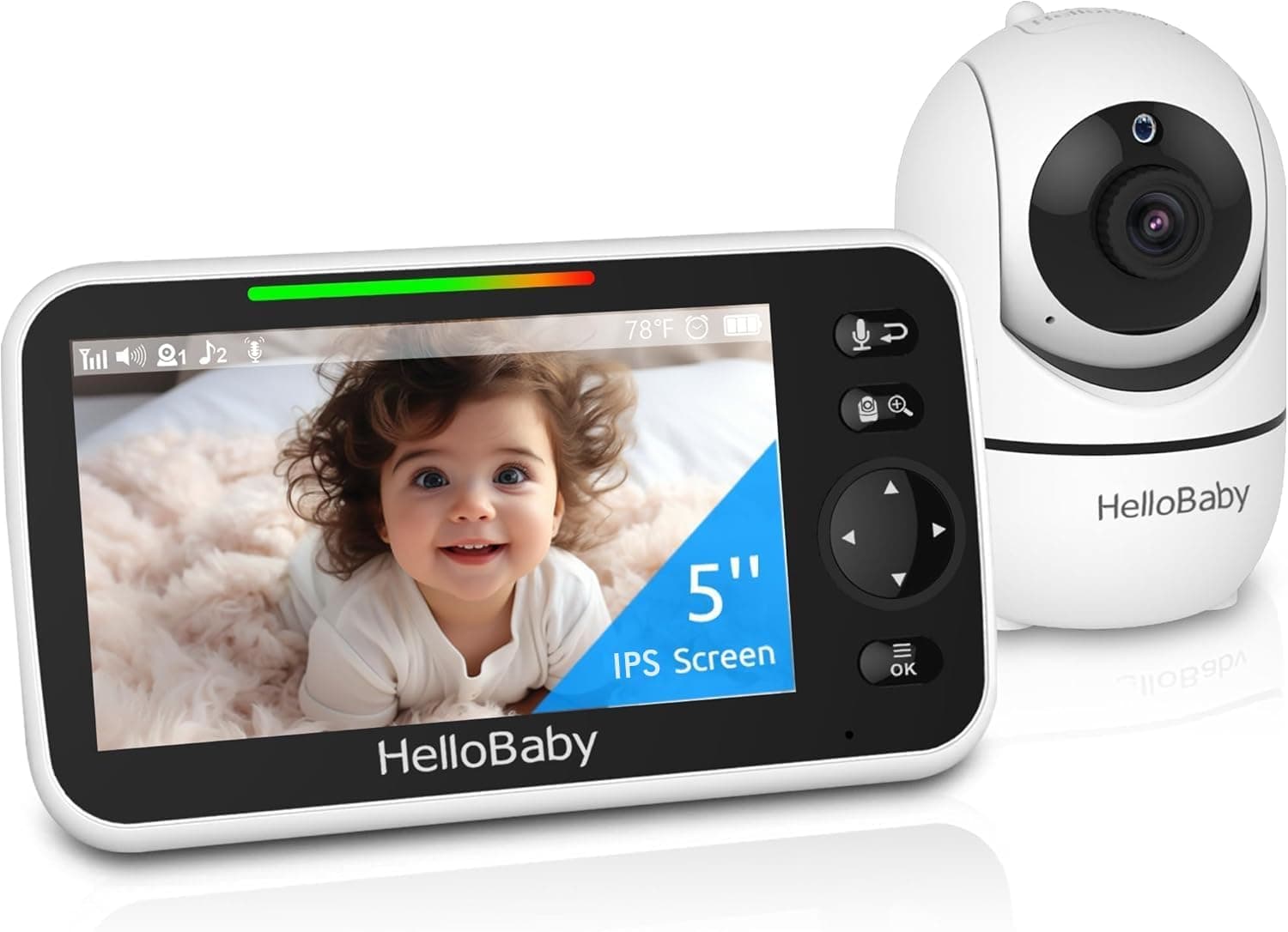 HelloBaby Monitor de Bebé con Cámara y Visión Nocturna, Pantalla de 5 Pulgadas con Batería de 30 Horas, Monitor de Video para Bebé Sin WiFi, Conversación Bidireccional, Temperatura, 8 Canciones