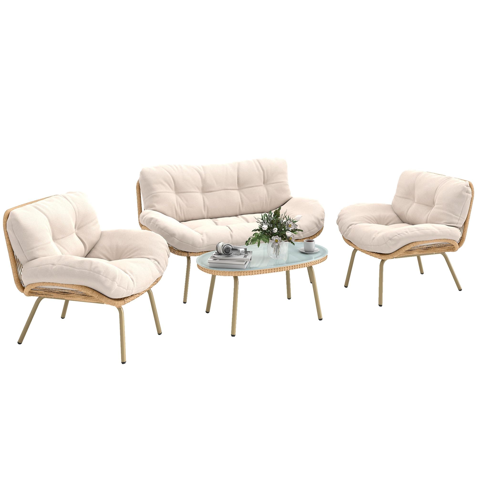 Outsunny Salon de Jardin 4 Pièces en Résine Tressée - Coussin 12 cm Ultra Épais Mobilier de Jardin Chic - Ensemble Terrasse avec Canapé 138 cm, 2 Fauteuils et Table Basse en Verre Trempé, Beige