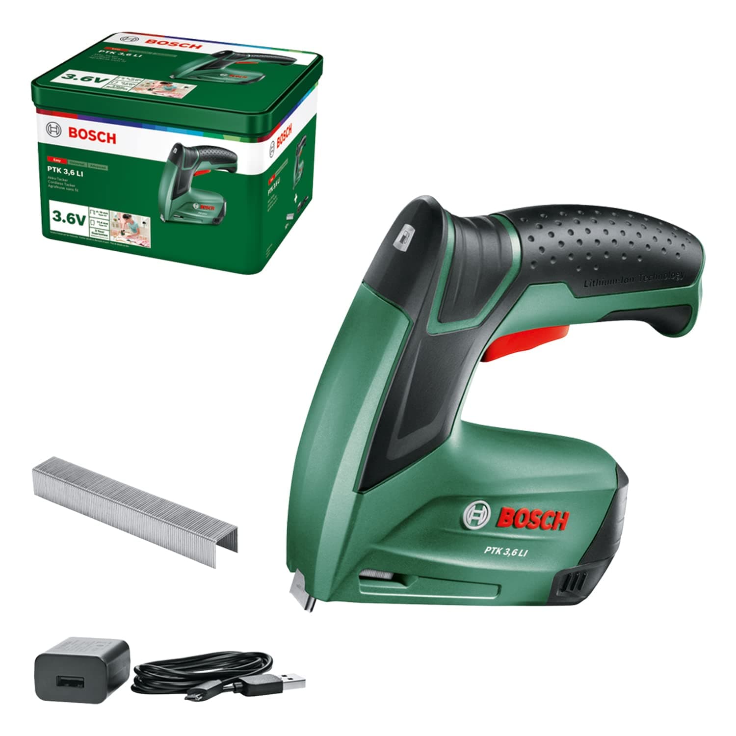 Bosch Akku Tacker PTK 3,6 LI (Integrierter 3,6 Volt, 30 Schläge/min, in Metalldose)