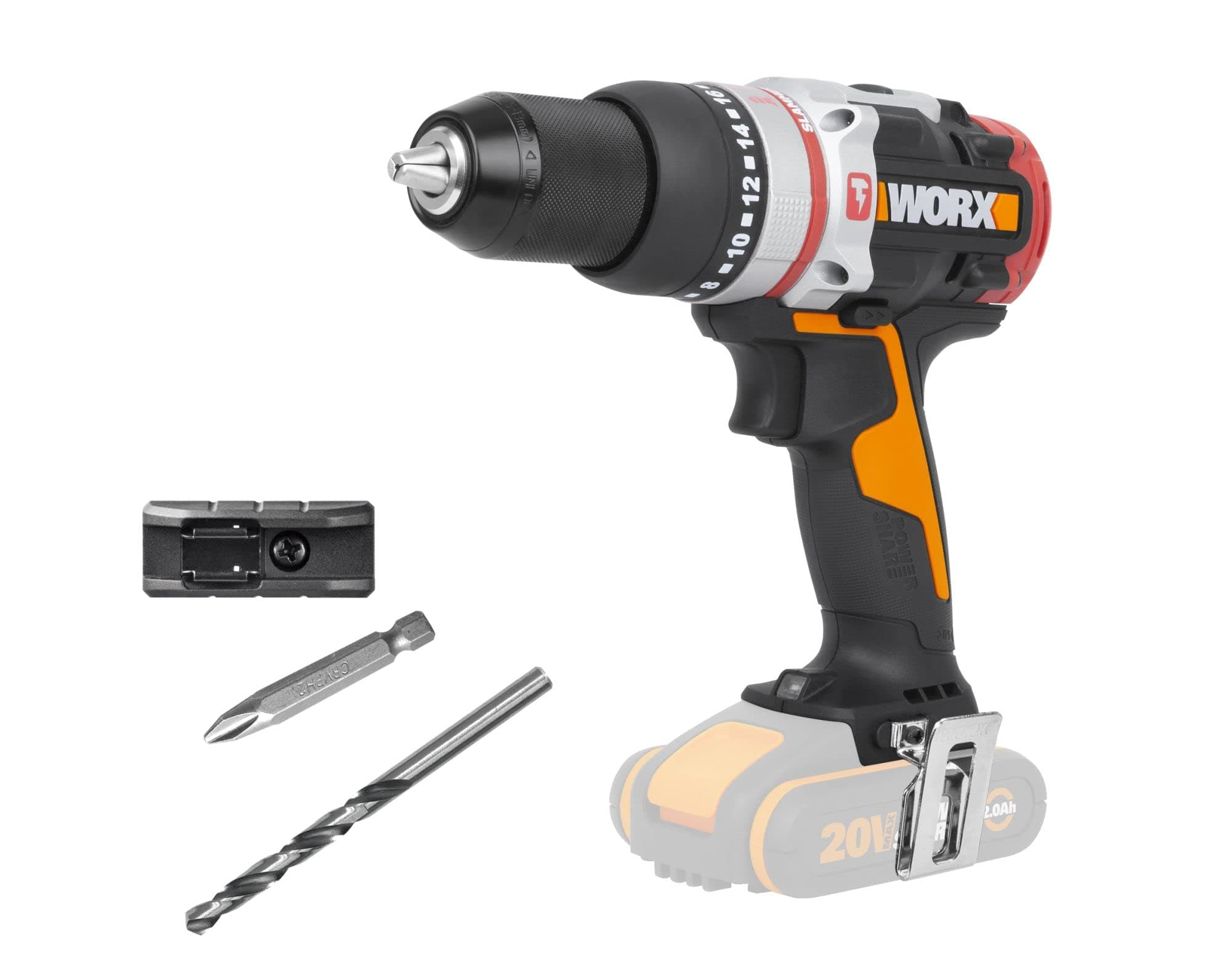 WORX Taladro Slammer Drill Brushless 20V | PowerShare | WX354.9 | Sin batería, ni cargador | Perfora hormigón, motor sin escobillas, portabrocas13 mm, velocidad variable, ajustes de par 18+1+1