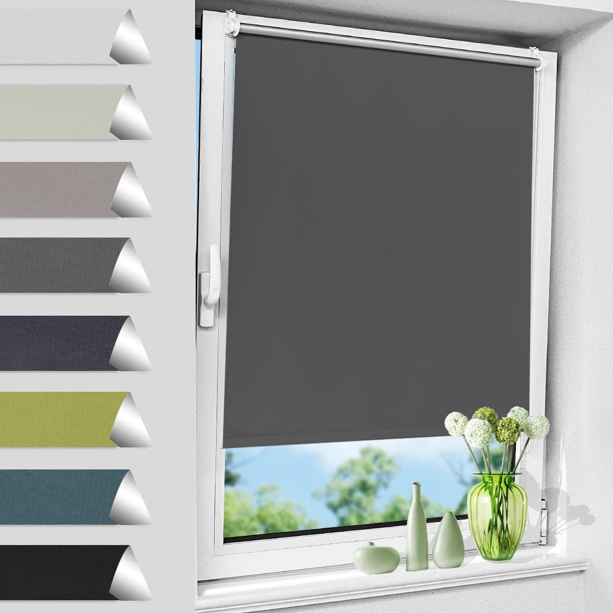 Allesin Store Enrouleur Occultant Thermique sans Perçage, Rideau Opaque Isolant, Montage Simple pour Fenêtre ou Porte, 45l x 120L cm, Largeur du Tissu 45 cm, Gris Foncé