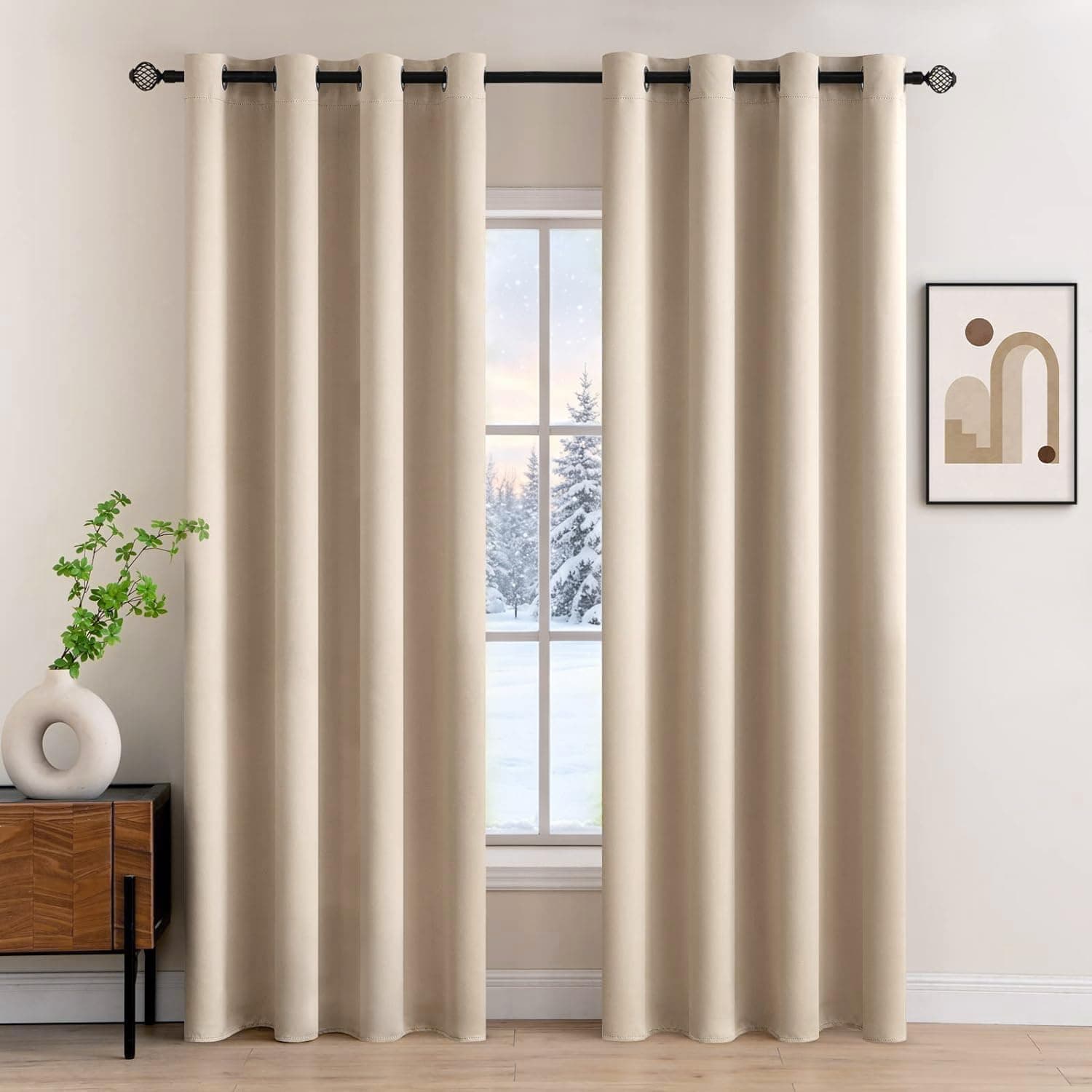 MIULEE Rideau Occultant Thermique Salon Oeillets Lot de 2 140x225cm Beige | Tissu occultant thermique pour salon et chambre, aide à réduire lumière, chaleur et froid.