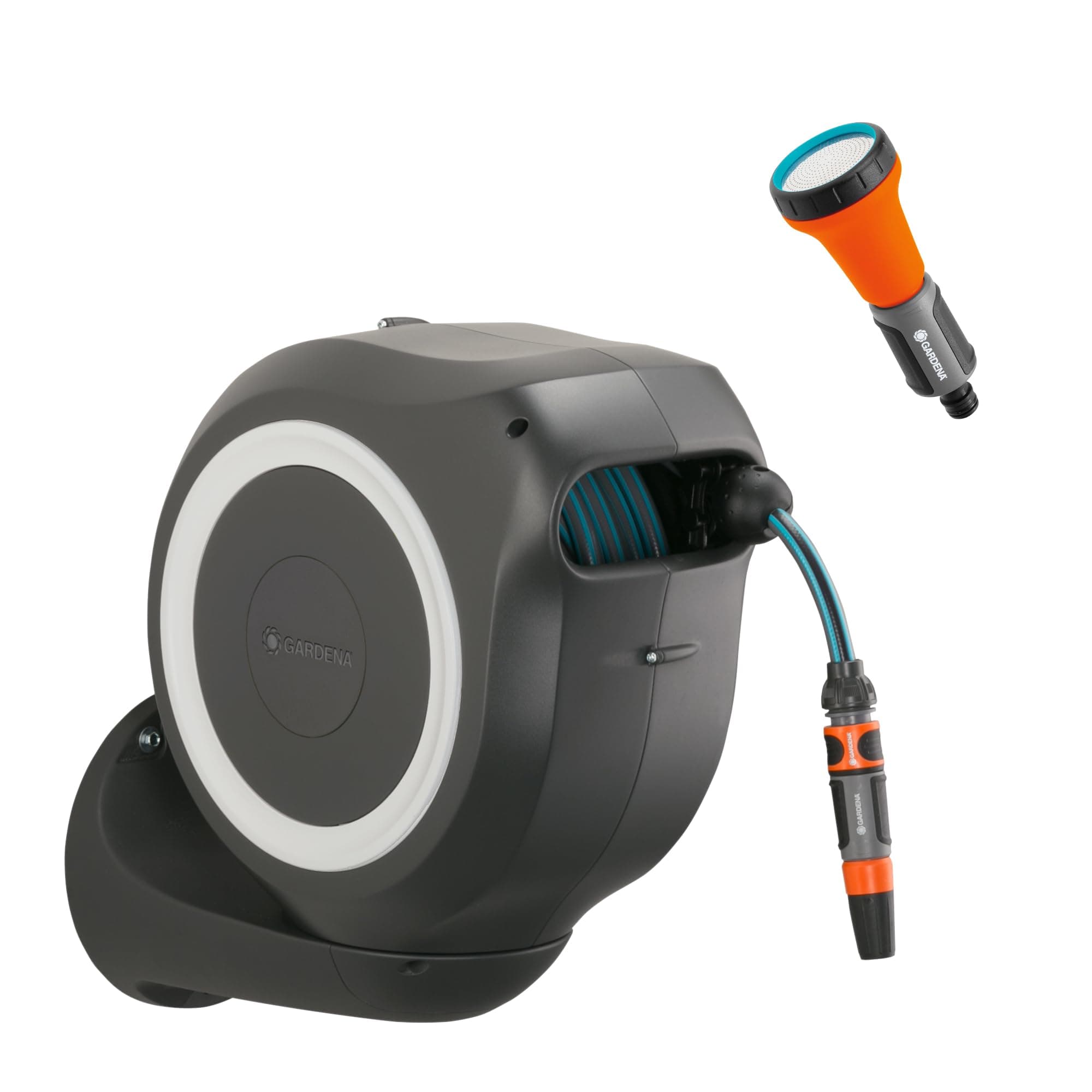 Gardena Coffre de tuyau mural RollUp M 20 m: Arrosage flexible jardins de taille moyenne, enrouleur pivotant, support mural, pces du système et pulvérisateur, 20 m de tuyau Gardena inclus (18612-60)
