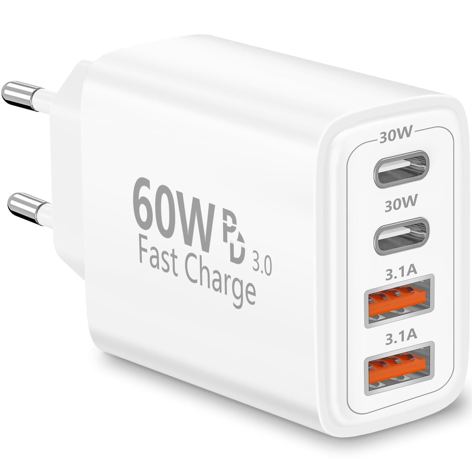 Chargeur USB C, Rombica 60W 4-Port Prise Chargeur Rapide USB C, Multiple Secteur Double PD+QC 3.1A Type C Adaptateur pour iPhone 17 17 Pro Max 16 Pro 15 14 13 12 11 XS XR, Samsung Galaxy S26 S25, iPad