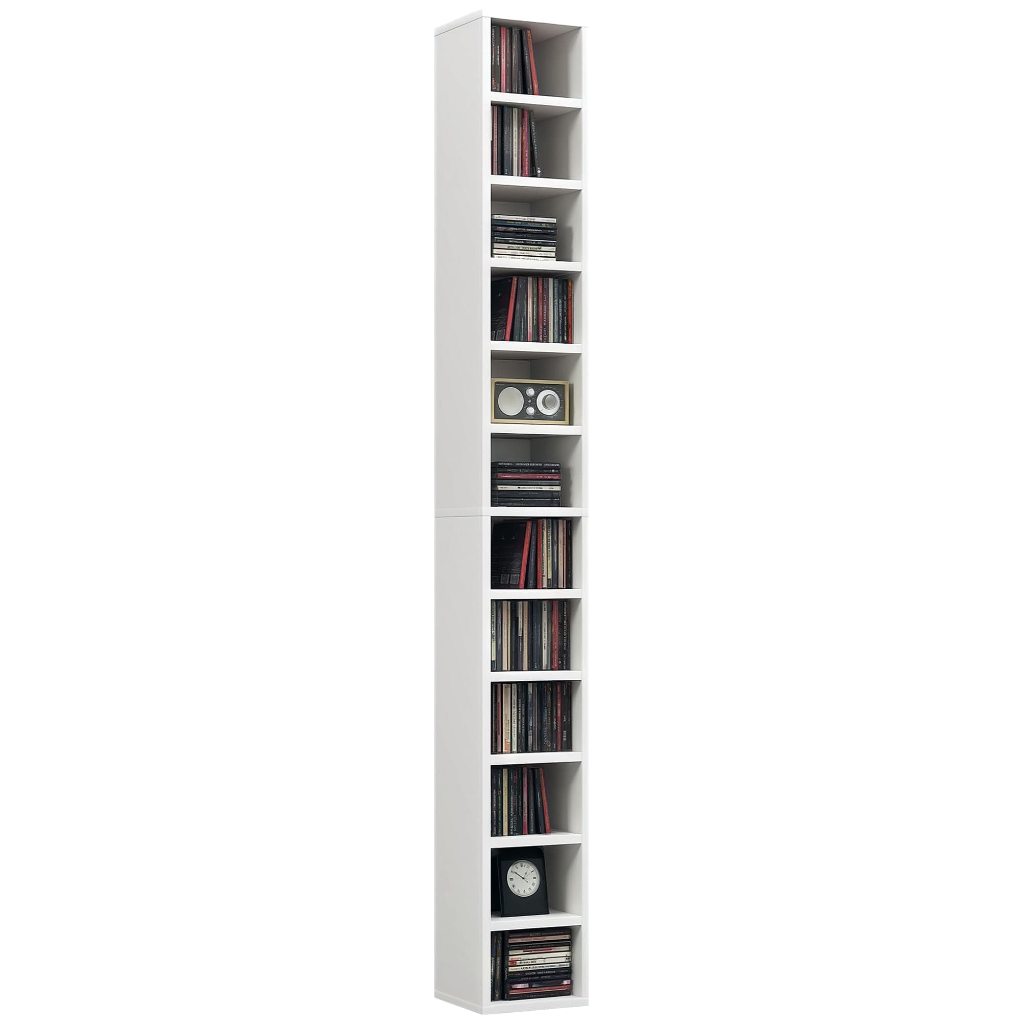 HOMCOM Rangements pour CD et DVD, étagère Colonne de Rangement, Meuble de Rangement avec 12 Compartiments, capacité Max. 204 CD, 21 x 20 x 175 cm, Blanc