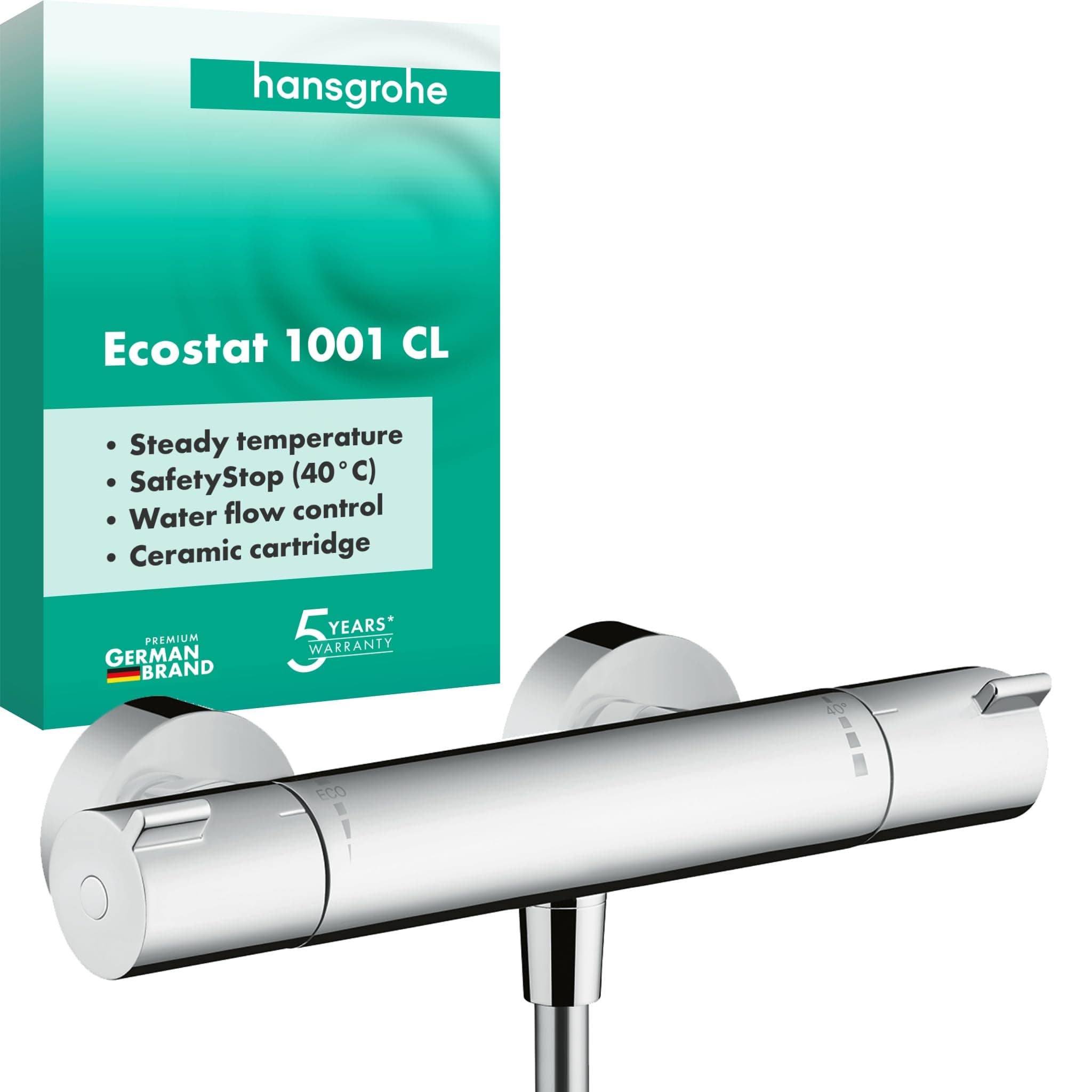 hansgrohe Ecostat 1001 CL - Mitigeur de douche thermostatique, Robinet de douche avec arrêt de sécurité (SafetyStop) à 40°C, Thermostat rond, 1 sortie, Chromé, 13211000