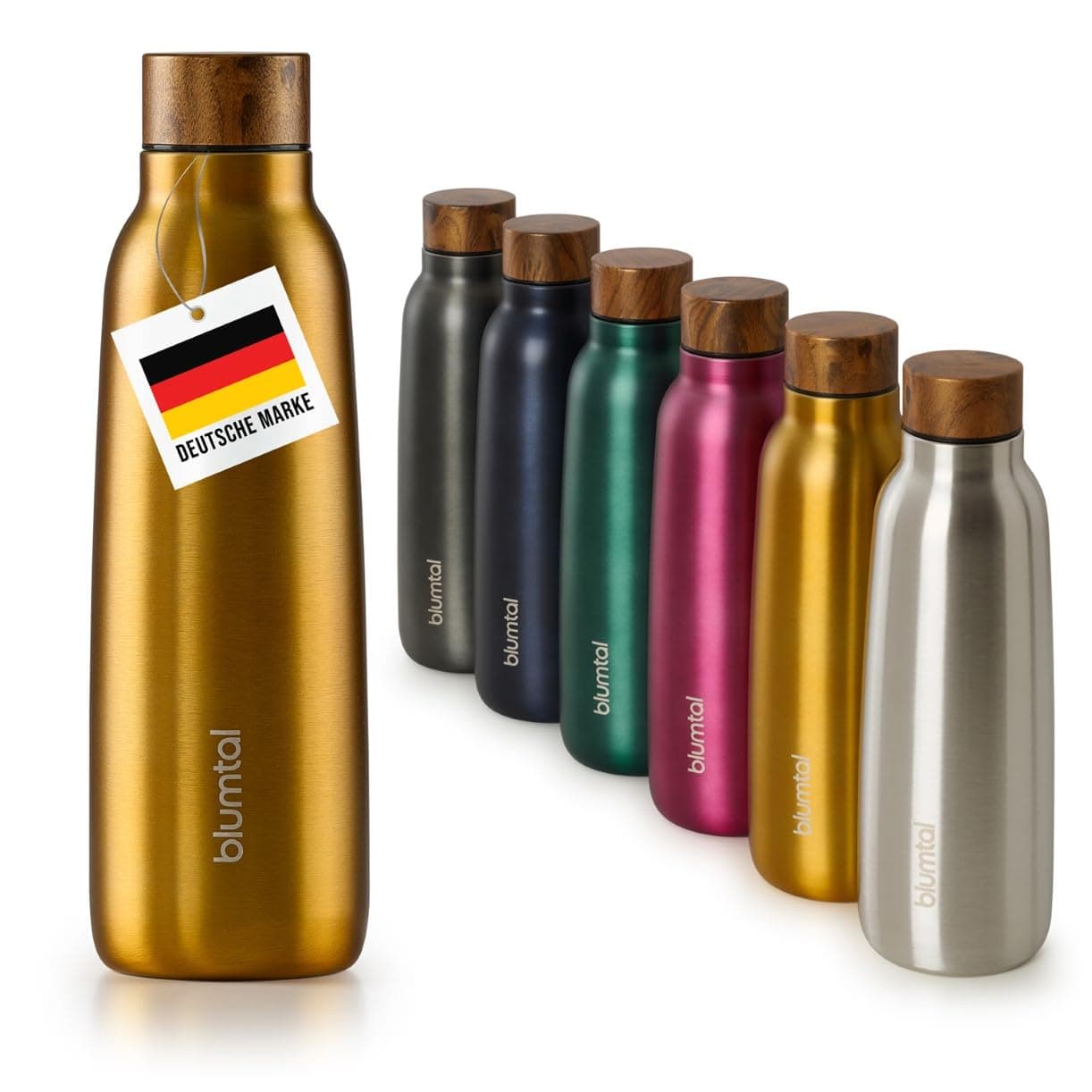 Blumtal Trinkflasche 500 ml Edelstahl - auslaufsichere Isolierflasche - BPA-freie Trinkflasche kalt & warm - doppelwandige Insulated Bottle - rostbeständige Isolierflasche Holz/Gelb