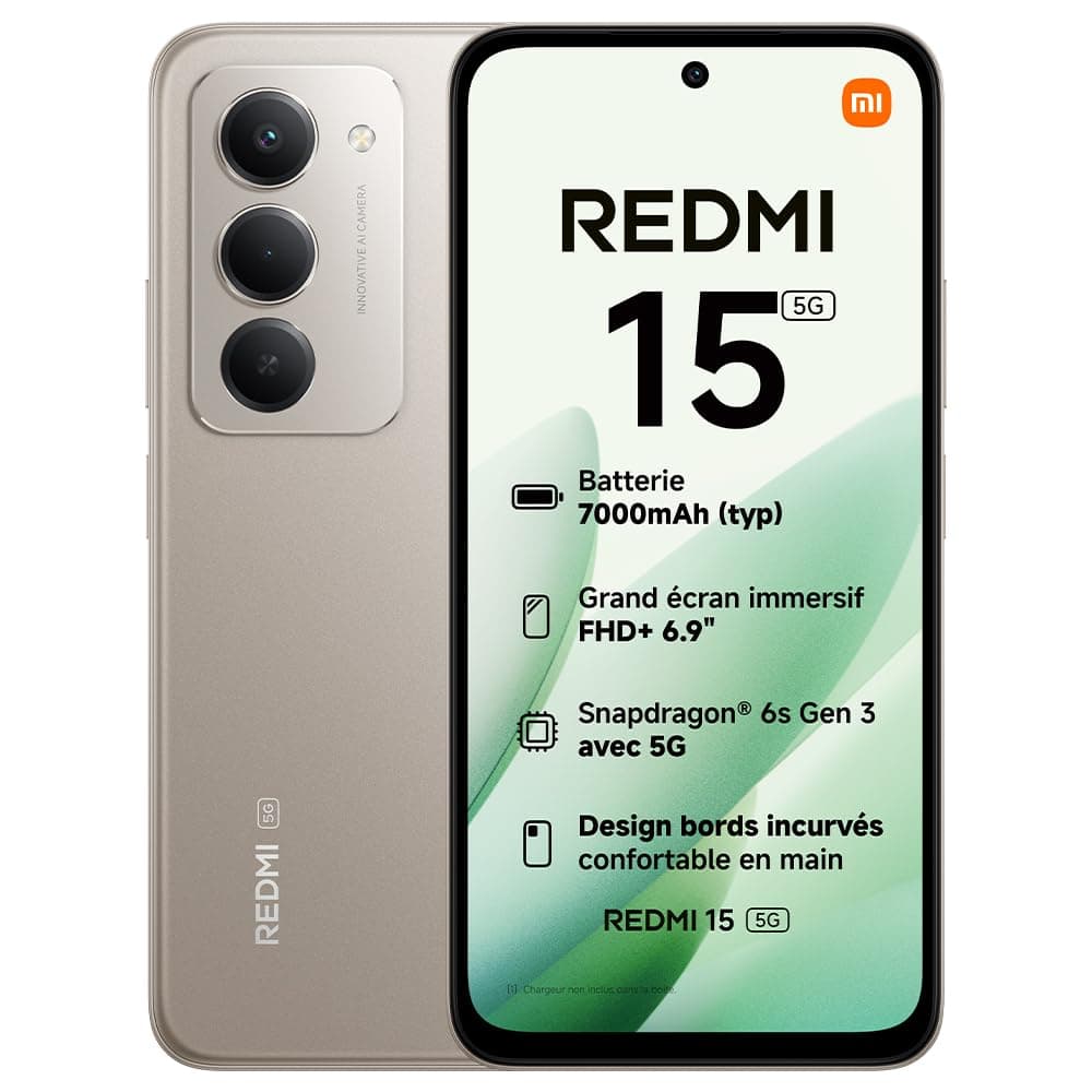 XIAOMI Redmi 15 5G, Smartphone 8+256 Go, écran FHD+ DotDisplay 144 Hz de 6,9", Processus 6 nm Octa-Core, Appareil Photo Principal 50 MP, Batterie 7 000mAh, Gris, Chargeur Non Inclus