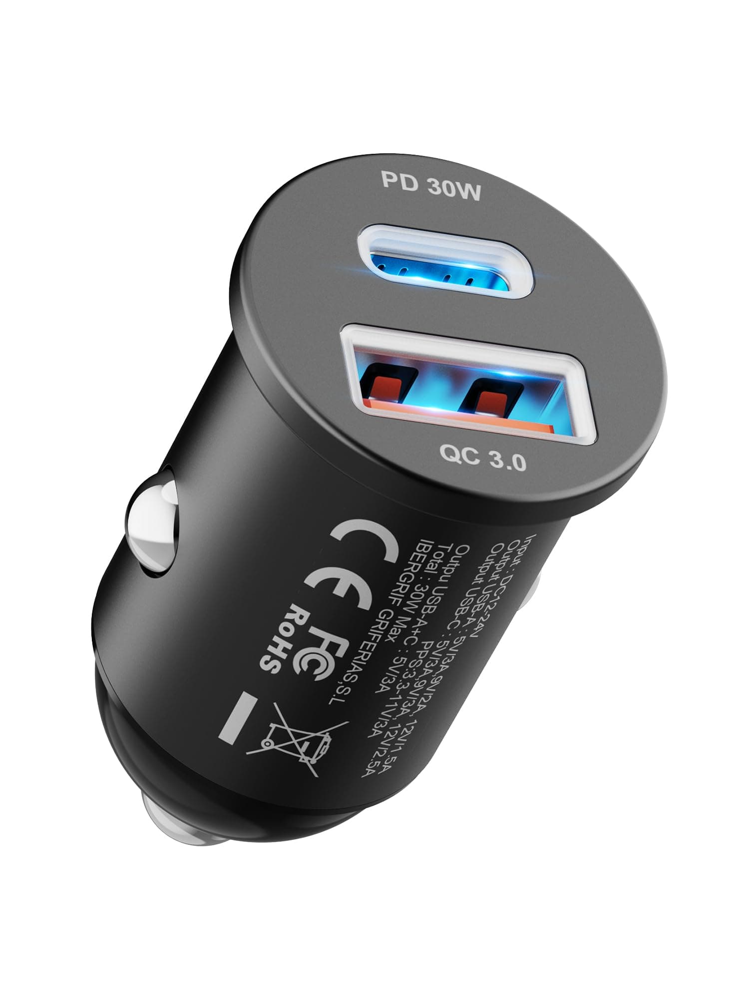 GRIFEMA Caricatore Auto USB C 30W, Adattatore Accendisigari a Doppia Porta con PD 30W e QC 3.0 18W, Ricarica Rapida per iPhone 17 16 15 14 Pro, Samsung Galaxy S25 S24 Ultra, Accessori Auto, Alluminio
