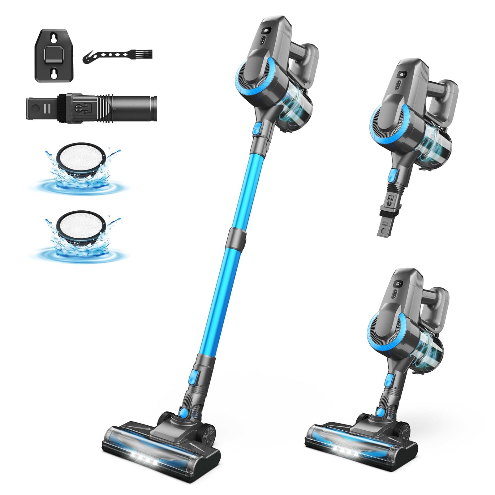 Aspirateur Balai sans Fil, 28kPa Aspirateur sans Fil, 6 en 1 Aspirateur Puissant Aspirateur sans Fil Puissant 55 Minutes d'Autonomie, Brosse LED, Aspirateur Balai pour Tapis Sols Poils d'animaux