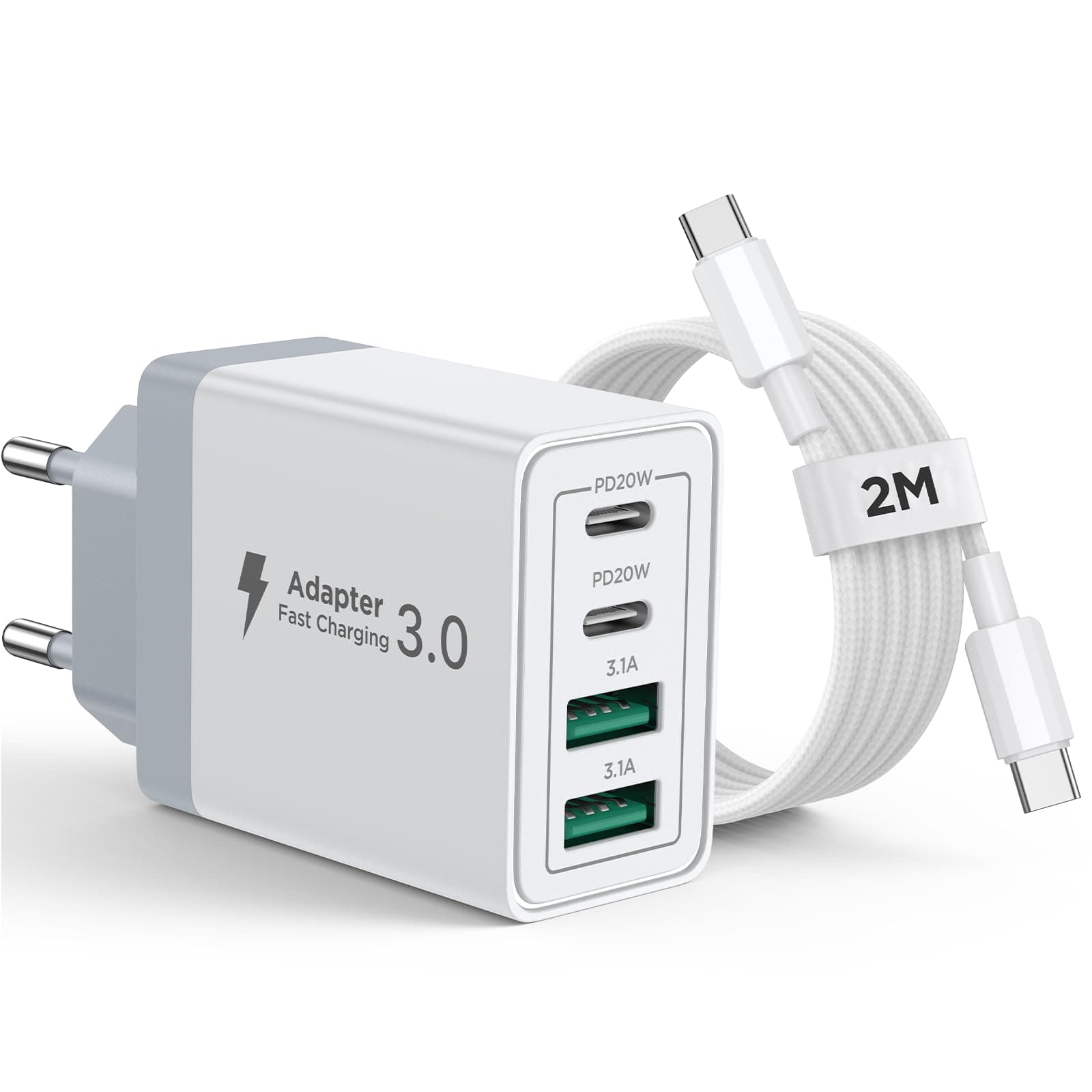Aioneus Chargeur iPhone, 40W 4 Port Chargeur USB C Rapide Multiple Prise USBC avec 2m Cable USB C pour iPhone 16 15 Pro Max Plus 16e iPad, Samsung, Adaptateur Secteur Type C avec 60W Cable C vers C