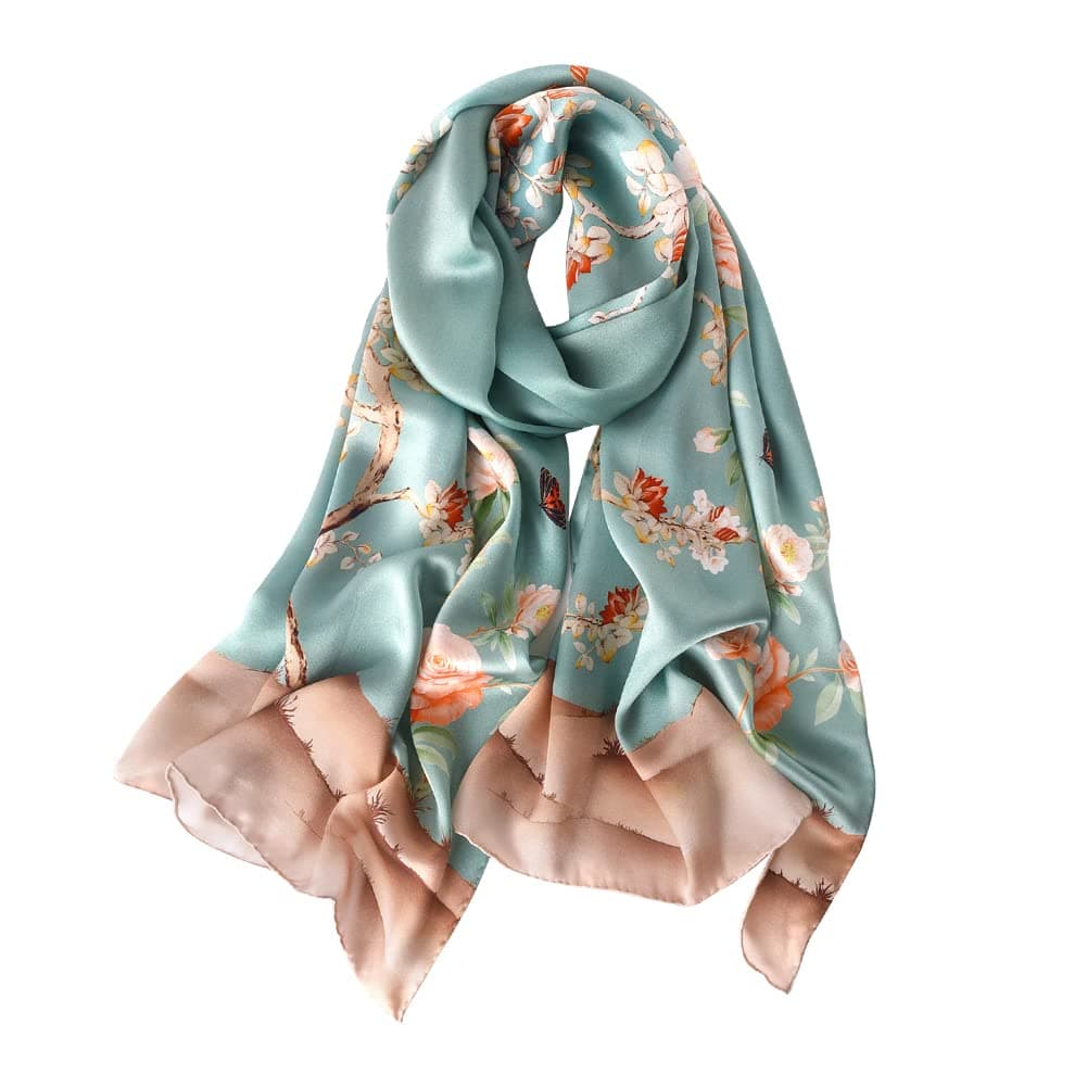 STORY OF SHANGHAI Sciarpa di 100% Seta da Donna Foulard Chiffon con Fantasie Orientale Semi-Trasparente