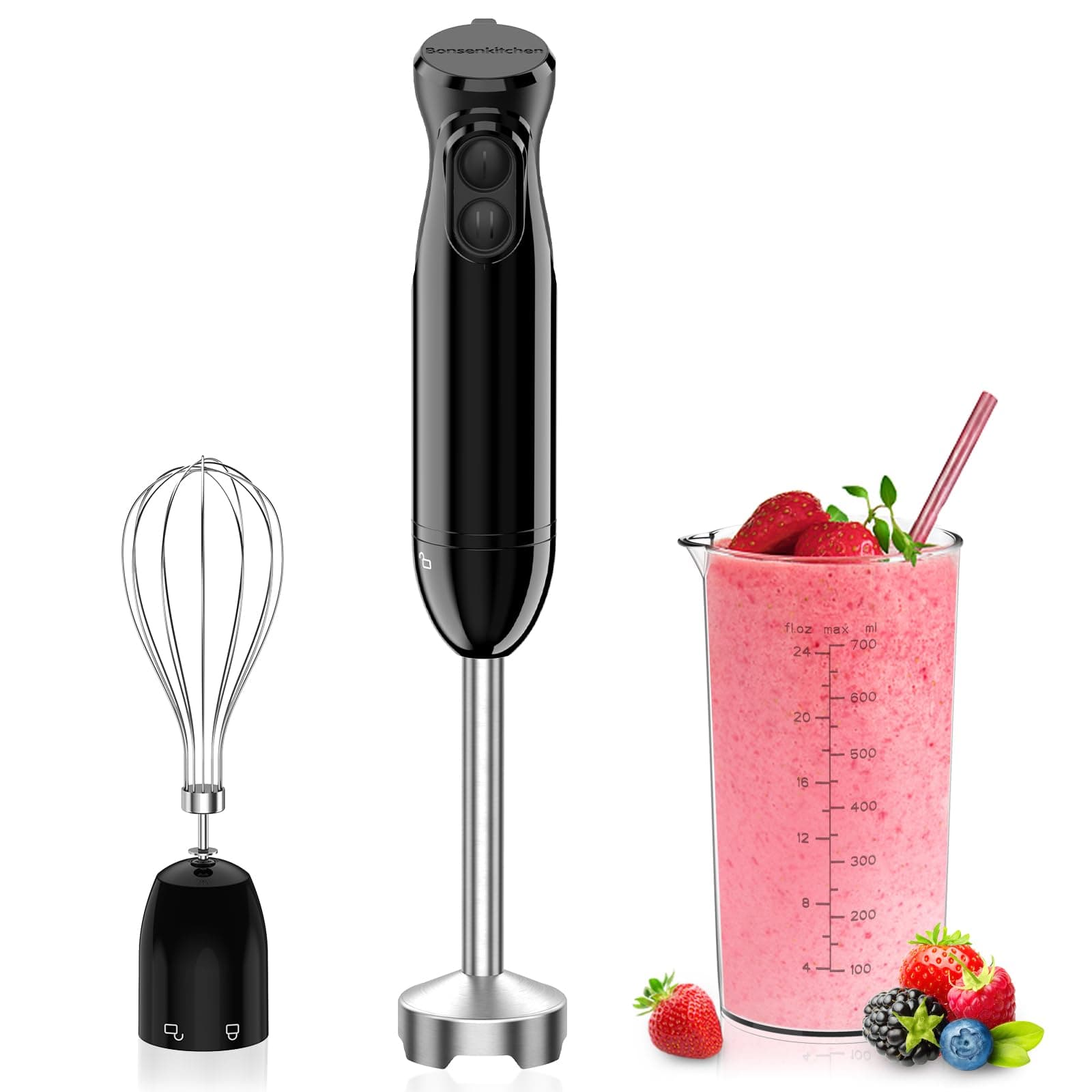 Bonsenkitchen Frullatore ad Immersione 3 in 1 Portatile, Frullatore Elettrico a Immersione da 1000 W, Frusta per Uova, Bicchiere da 700 ml per Preparare Pappe, Salsa, Zuppe, Nero- HB3202