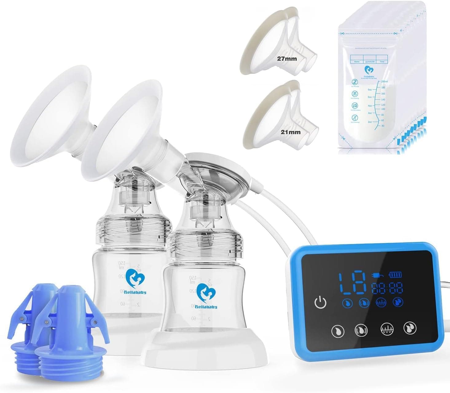 Bellababy - Extractor de leche portátil, inalámbrico, portátil, con pantalla LCD, recargable, manos libres, eléctrico, con 4 modos y 9 niveles, color azul, paquete de dos
