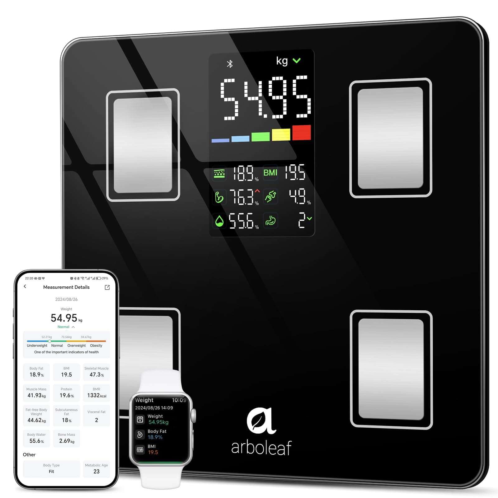 arboleaf Pèse-personne Intelligent avec Indicateur d'Impédance, Balance Connectée Bluetooth, Analyse Graisse Corporelle, Masse Musculaire, Grand Écran LED 180 kg / 400 lbs