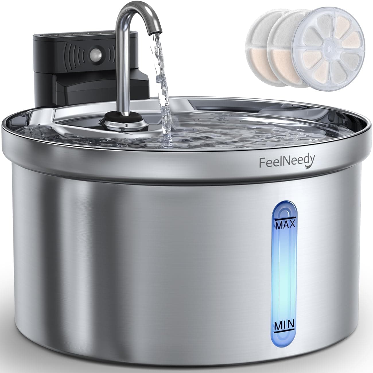 FEELNEEDY 3.5L Fuente de Agua para Gatos Acero Inoxidable -sin Cable con Sensor de Movimiento, Bebedero Gatos Inalámbrico Silencioso a Pilas 4000mAh Recargable