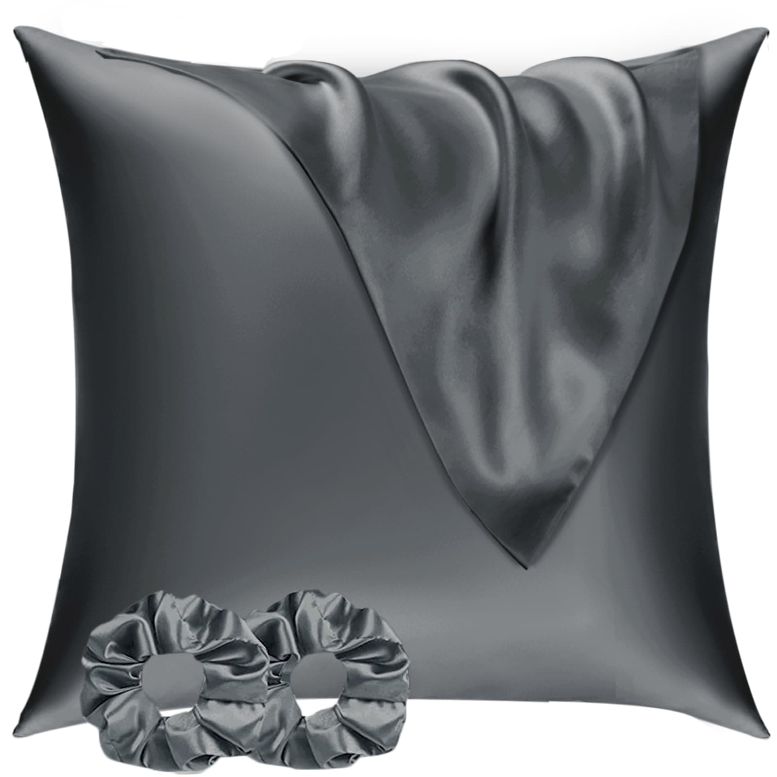Taie Oreiller Satin 65x65 Lot de 2,pour Cheveux,Similaire Aux Taie d Oreiller en Soie,Taies d'oreillers 65x65 certifié Oeko-Tex & 2 Satin Chouchous Gris Foncé Vielit