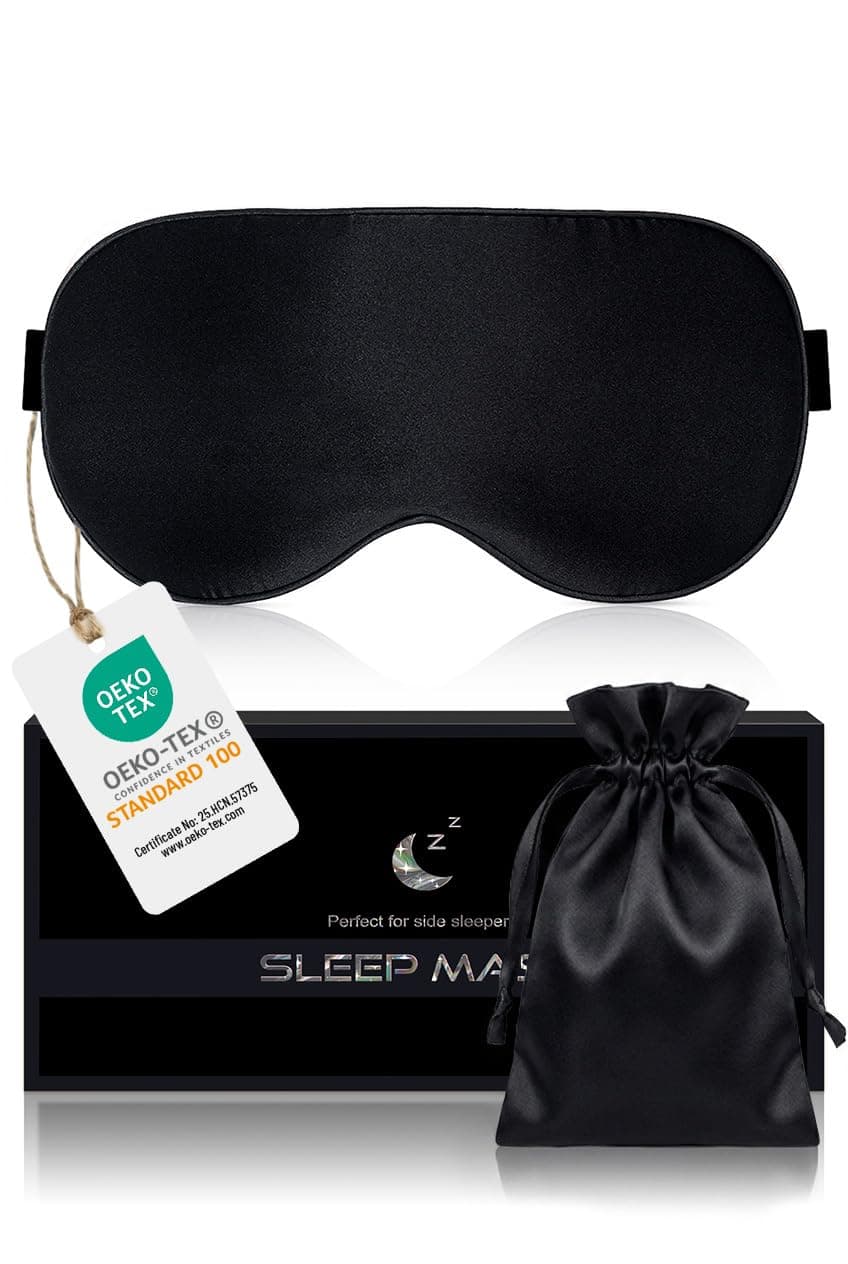 Aosun Mascherina per Dormire, Maschera per Dormire in Pura Seta di Gelso al 100% - Mascherina Occhi per Dormire Ipoallergenica Oscurante con Fascia Regolabile (Nero)