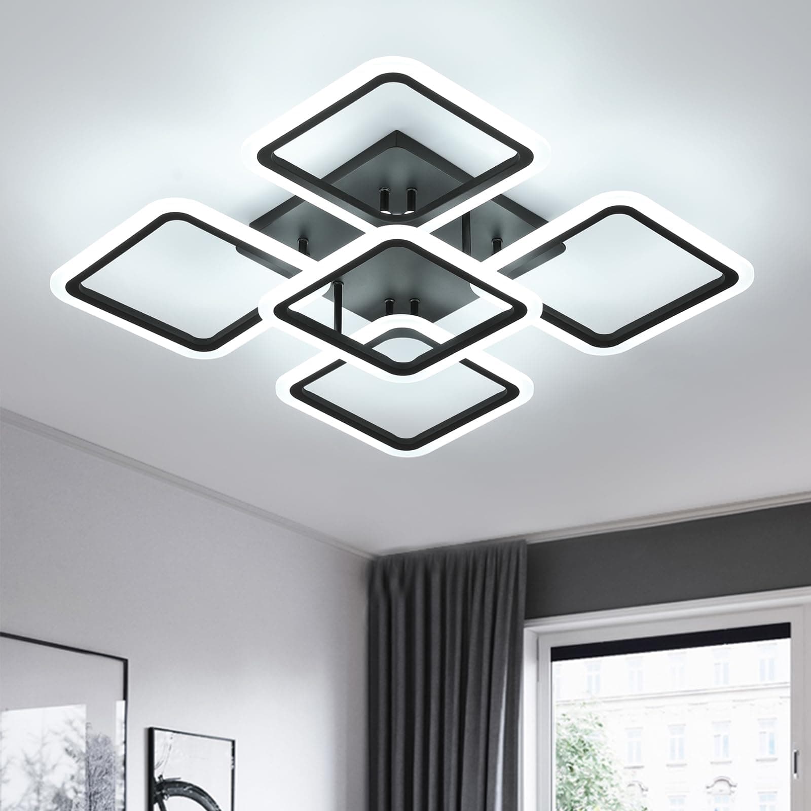 Comely Plafon LED Techo, Blanco 70W 7000LM Cuadrado Simple 5 cabezas Plafones de Techo Modernas in Acrílico, Lamparas de Techo LED para Salón, Dormitorio, Blanco Frío 6500K, Negro