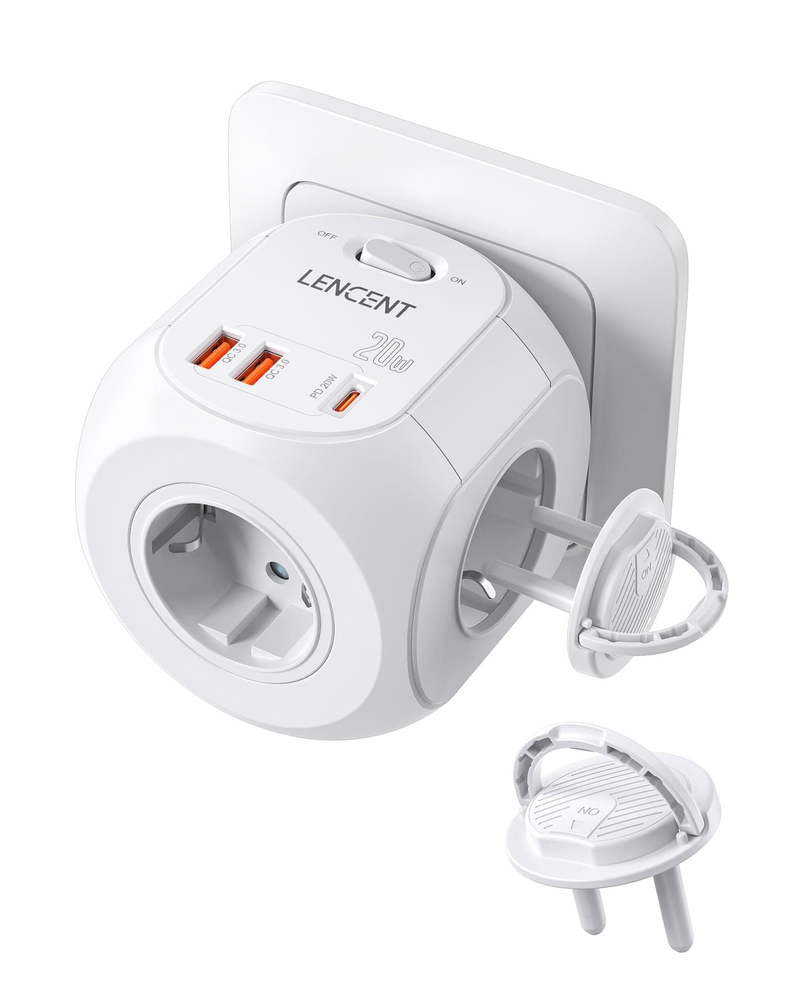 LENCENT Enchufe USB Cubo Carga Rápida PD20W, Ladron Enchufe con 4 Tomas de CA, 2 USB-A, 1 PD20W y 2 Cubiertas Protectoras, Enchufe Multiple Pared con Interruptor, Cargador USB para Hogar, Oficina