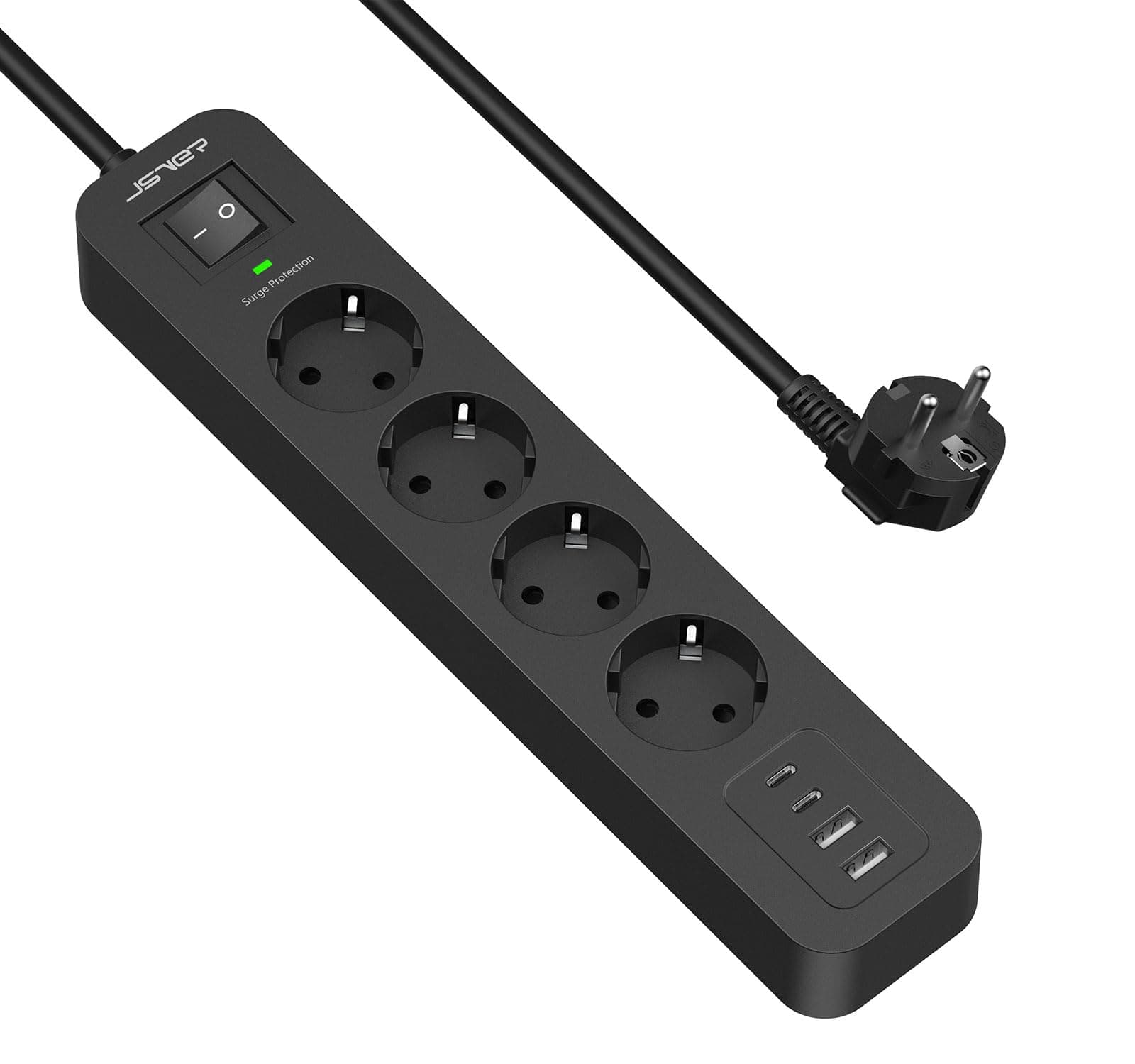 JSVER Multiprise Parasurtenseurs USB 4 Prises avec 2 Ports USB A+2 Ports USB C Chargeur (5V3,4A) Multiprises parafoudre et surtension avec Cable 2m pour Smartphone, Maison, Bureau-Noir