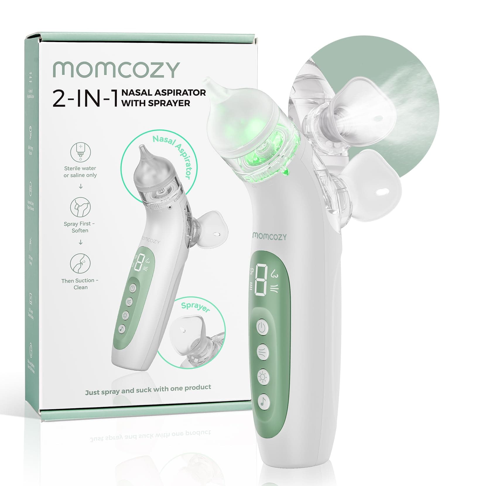 Momcozy Aspirador Nasal Bebe Electrico con 4 Niveles Ajustables, 2 en 1 con Pulverización y Succión de 65 kPa de Grado Hospitalario, Silencioso y Portátil Aspirador Nasal para Bebe con Luz & Música