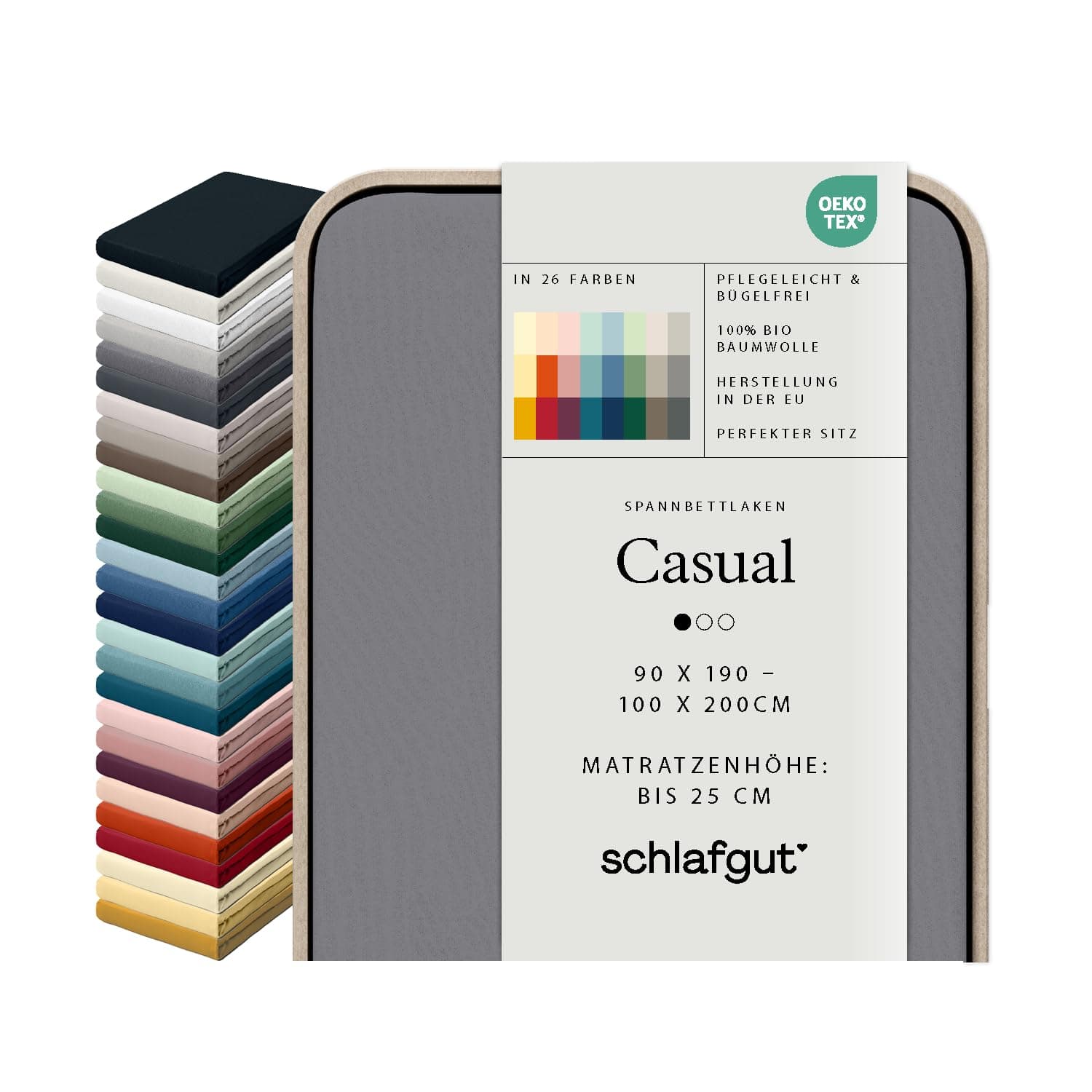schlafgut Casual Spannbettlaken 100% Bio Baumwolle Made in Greem by Oeko TEX (90x190cm bis 100x200cm Matratzenhöhe bis 25cm, Grey Mid)