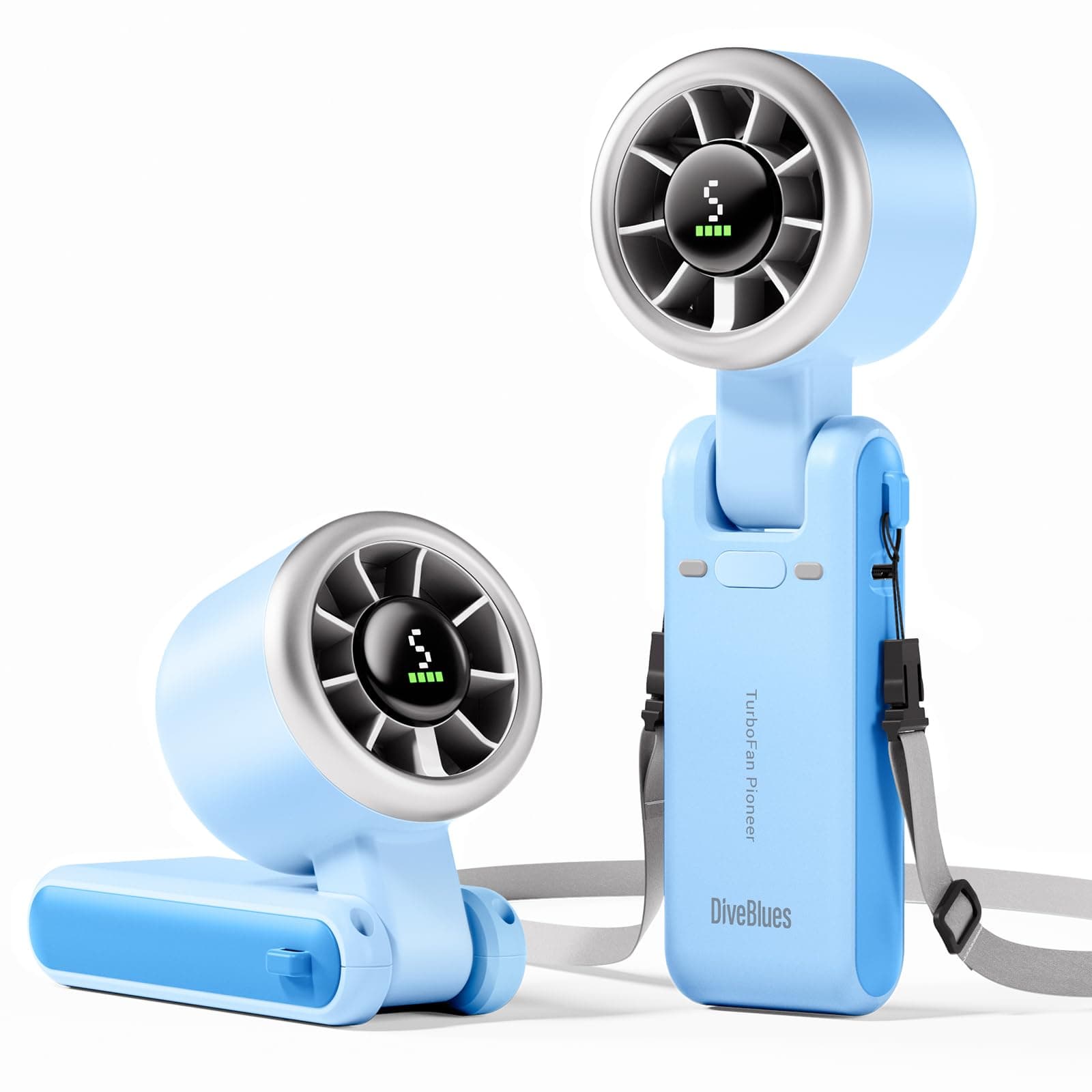 Diveblues Ventilatore Portatile a Mano, Raffreddamento Turbo 10m/s, 5 Velocità, Batteria Ricaricabile, Fino a 12 Ore di Autonomia, Ventilatore da Tavolo e Collo per Esterni, Viaggi, Azzurro