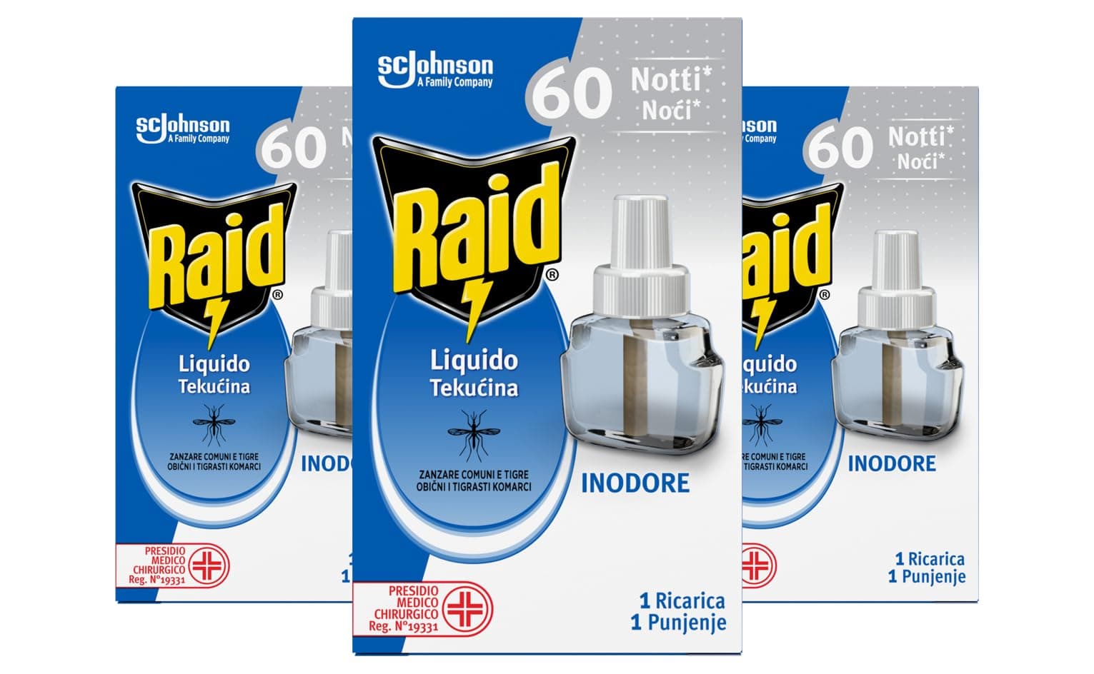 Raid Liquido Elettrico Inodore Antizanzare Contro Zanzare Comuni e Tigre, Confezione da 3 Ricariche 60 Notti