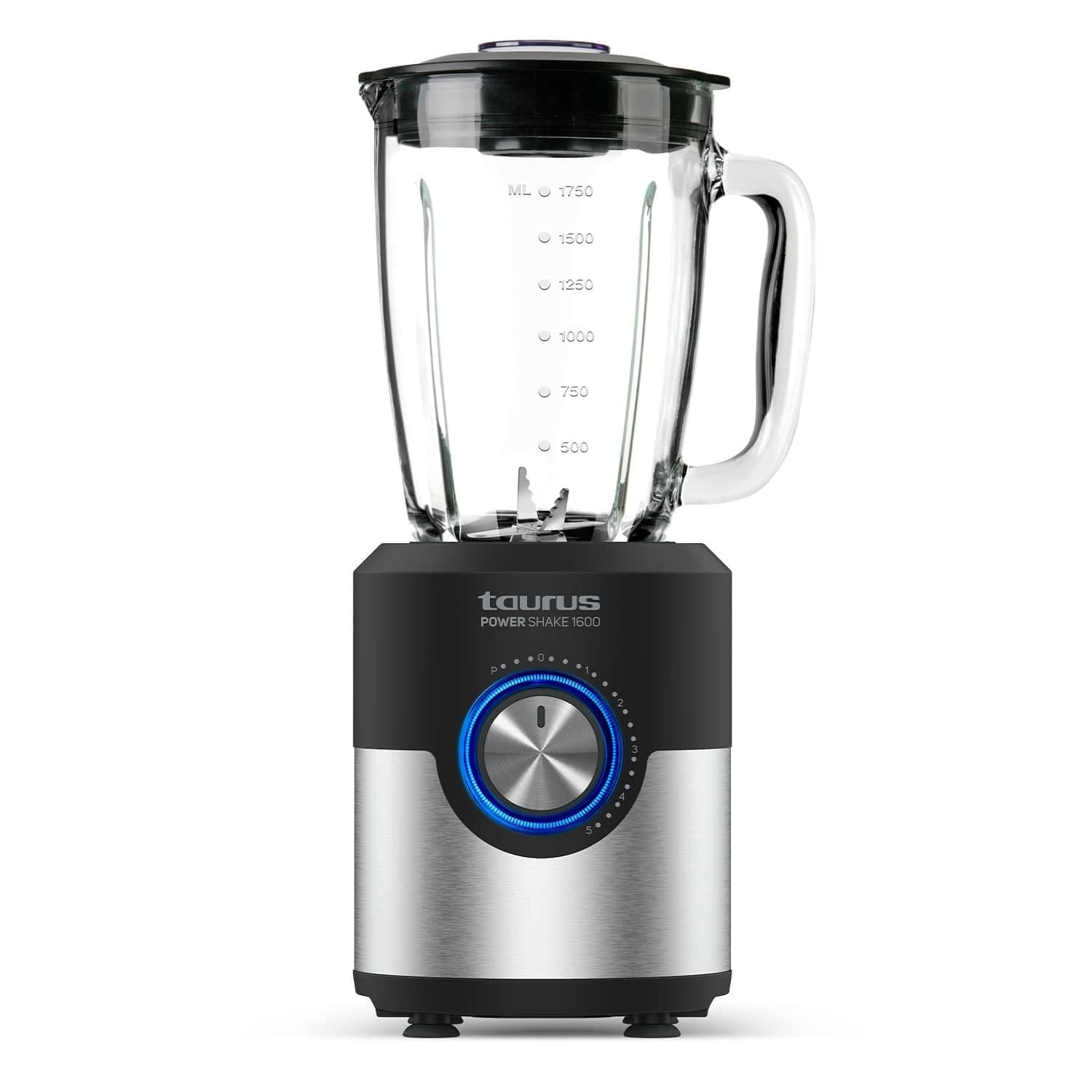 Taurus Power Shake 1600 - Batidora de Vaso, 1600 W, jarra cristal de 1,75L, cuchillas de acero inoxidable de 6 Filos, 5 velocidades + Turbo, ventosas en la base