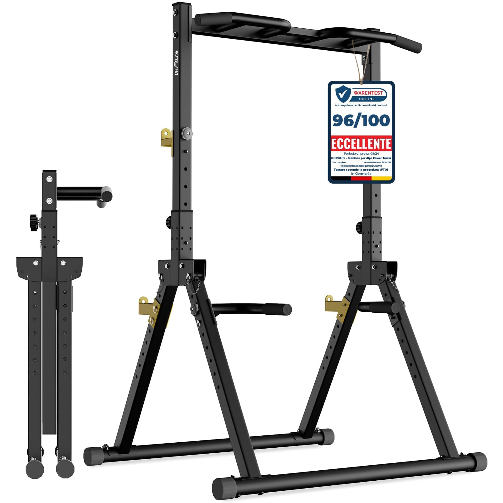 DH FitLife Power Tower Dip Station Pieghevole | Barra per Trazioni Autoportante con Dip Parallele e Supporti per Bilanciere/Schienale | Stazione Fitness Multifunzionale | Power Rack for Home Gym