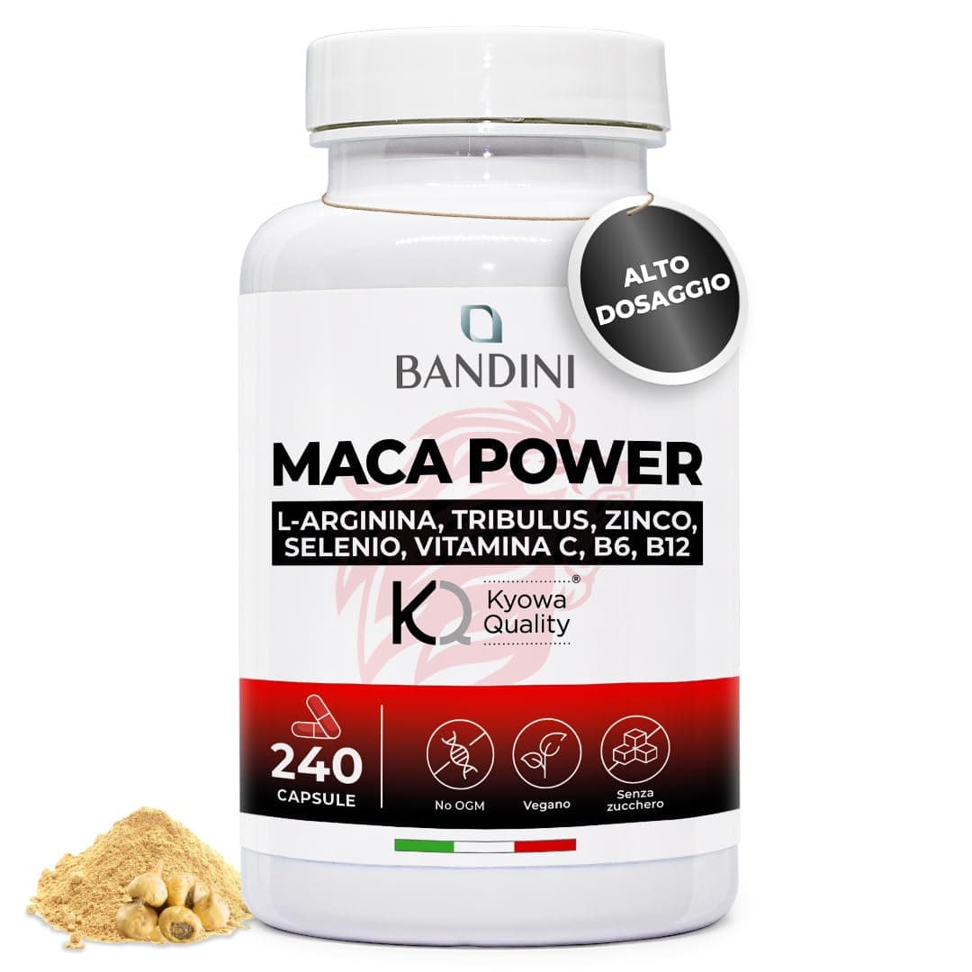 Bandini® MACA POWER 240 Capsule, Maca Peruviana 100% Vegan, Complesso ad Alto Dosaggio con Arginina Kyowa®, Tribulus, Vitamina C, Zinco, B6, B12 e Selenio, Stanchezza Fisica e Mentale, Energia, Sport