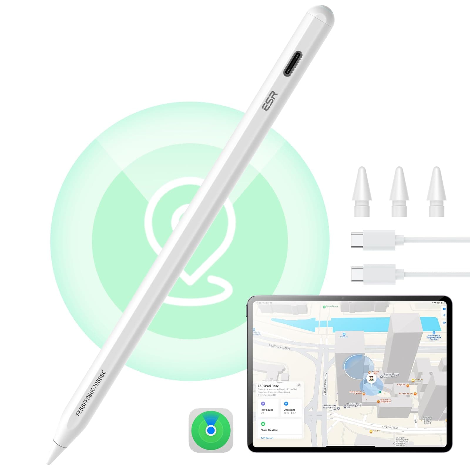 ESR Find My Stift für Apple iPad 2018-2026, Digital Pencil Pro mit „Wo ist?“ Funktion & Neigungssensitivität für iPad A16/10/9/8 & Air 13/11 & Pro 12.9/13/11 & Mini 7/6/5, Weiß(kein kabelloses Laden)